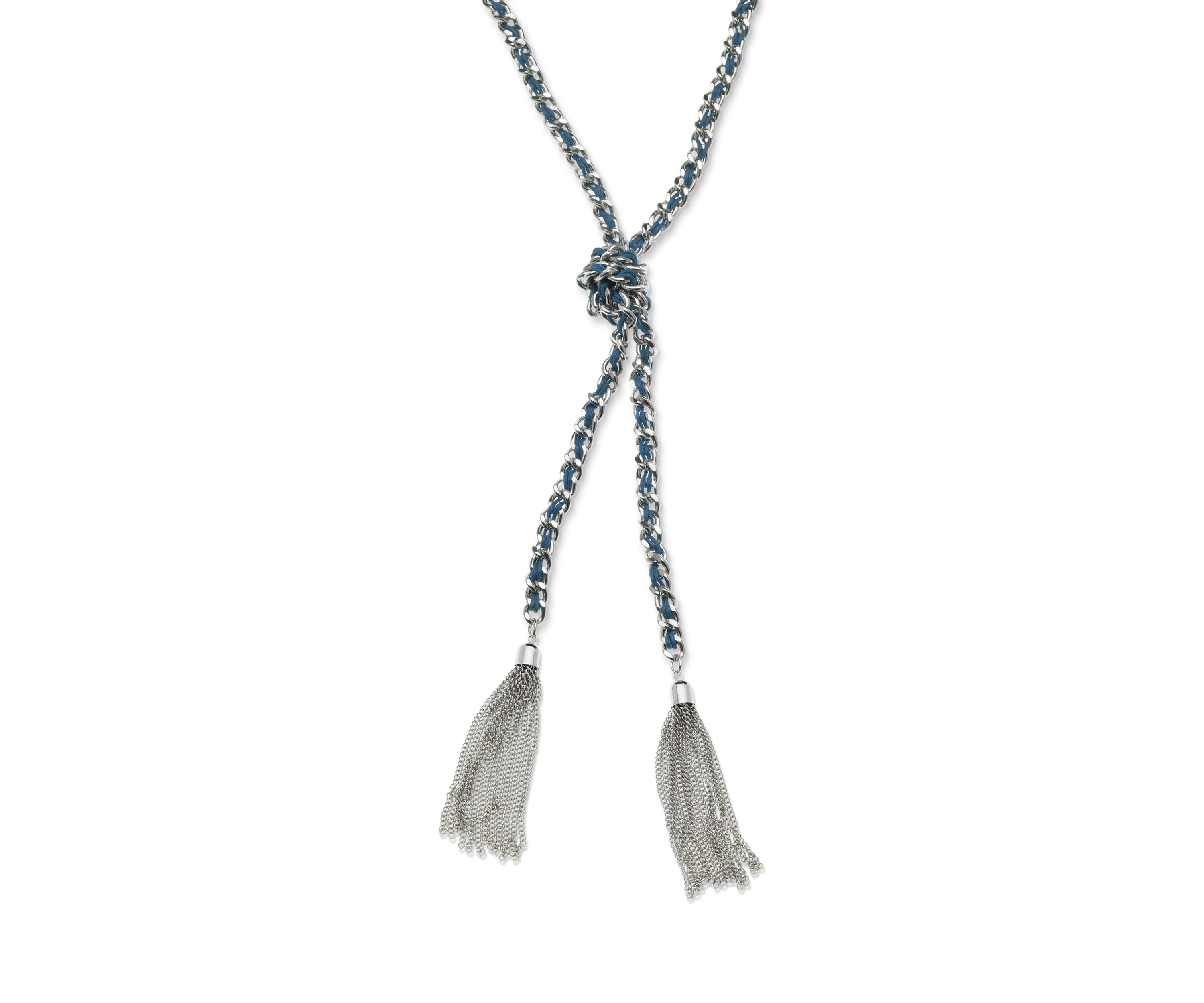 Silver Tone and Faux Suede Woven Y Necklace