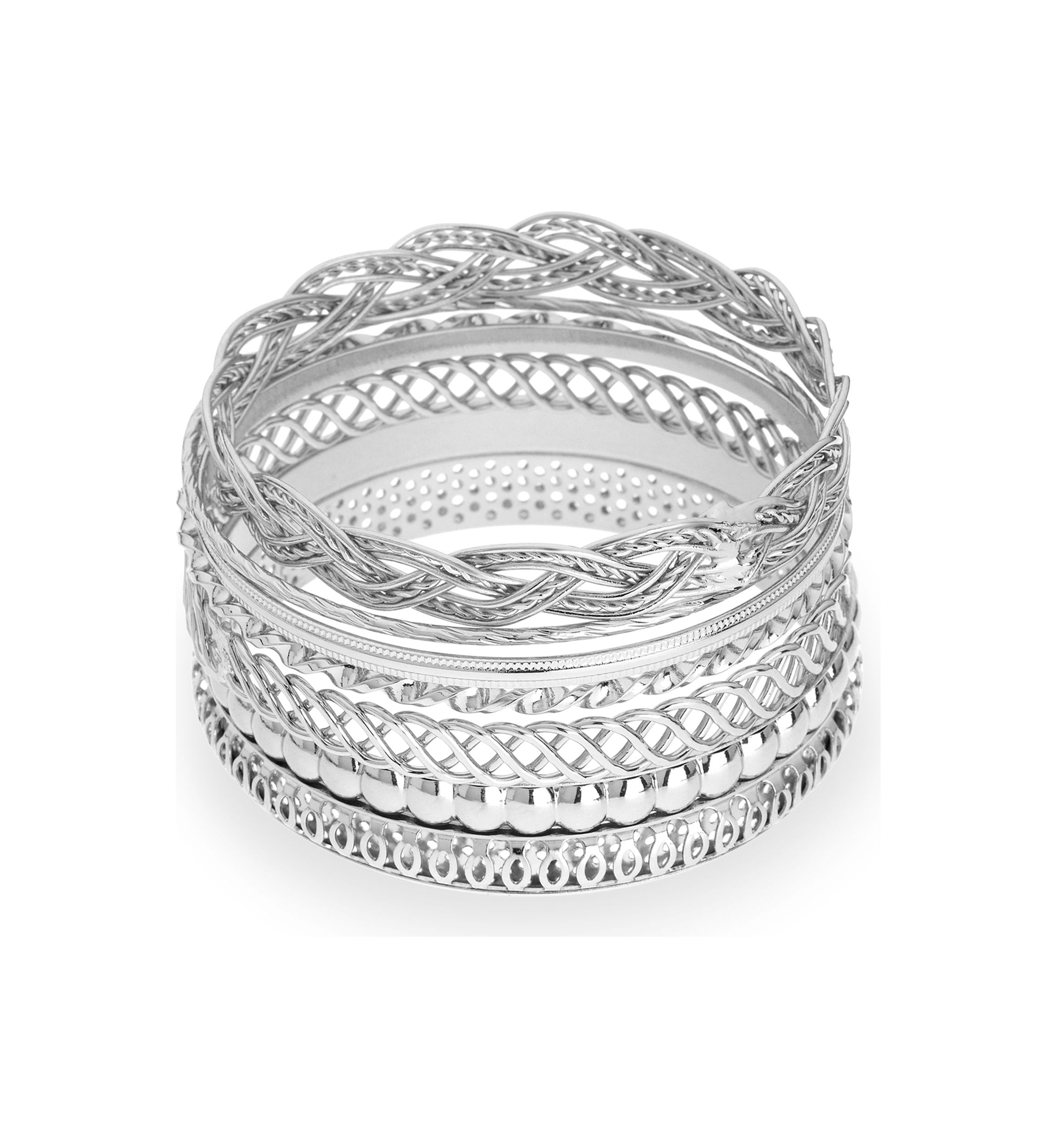 Silver Tone Bangle Bracelets - Set of 7