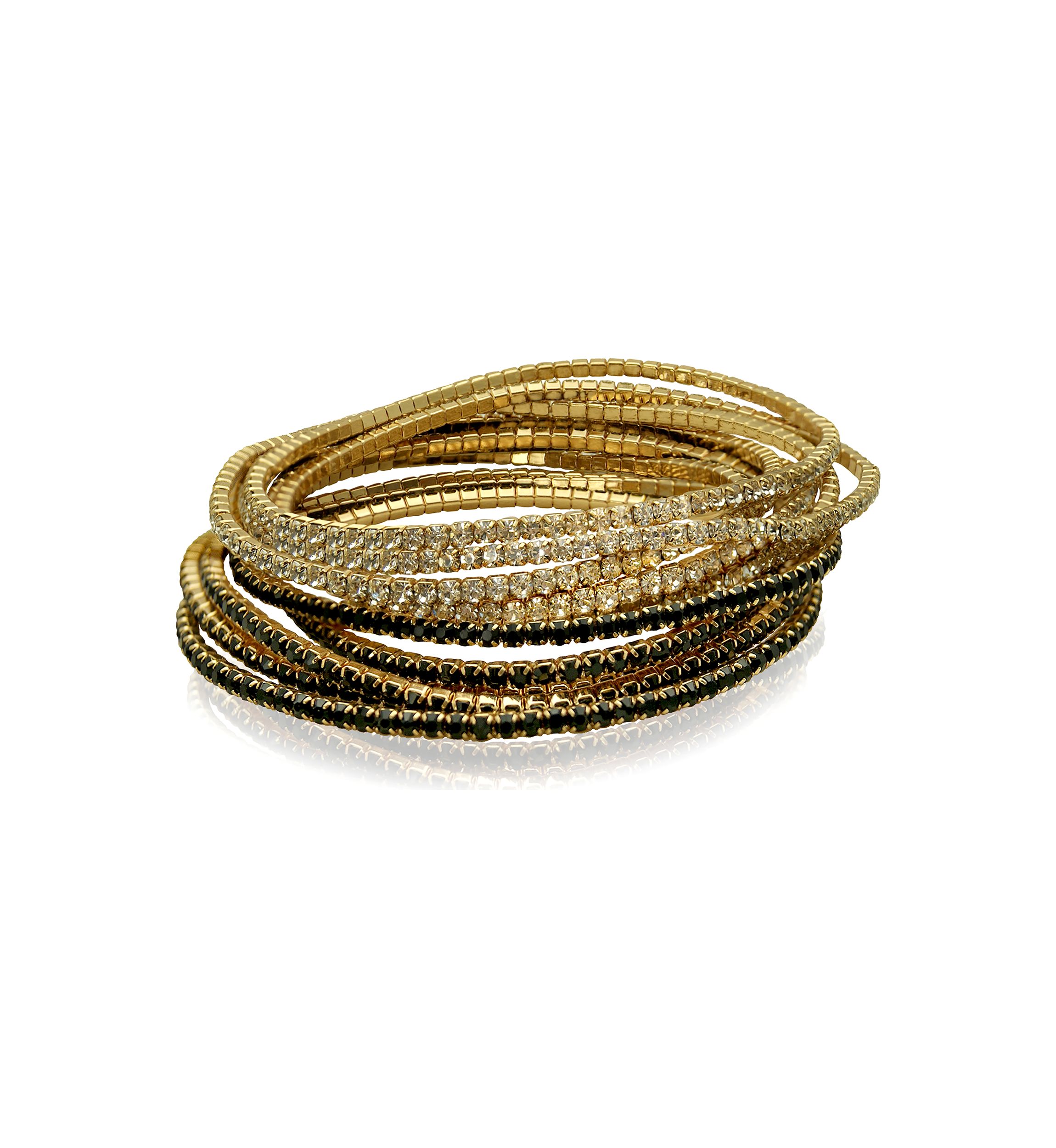 Gold Tone and Crystal Stretch Bracelets - Set of 10