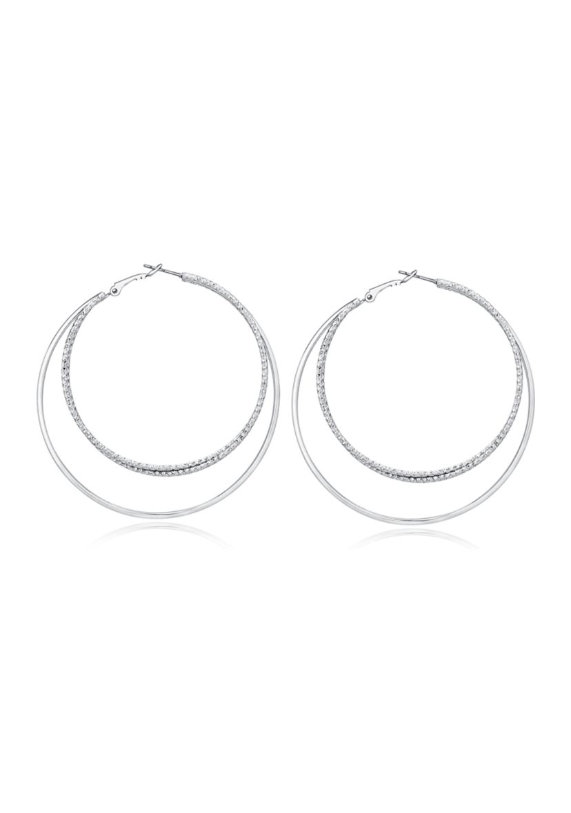Silver Tone Textured and Polished Orbital Hoop Earrings