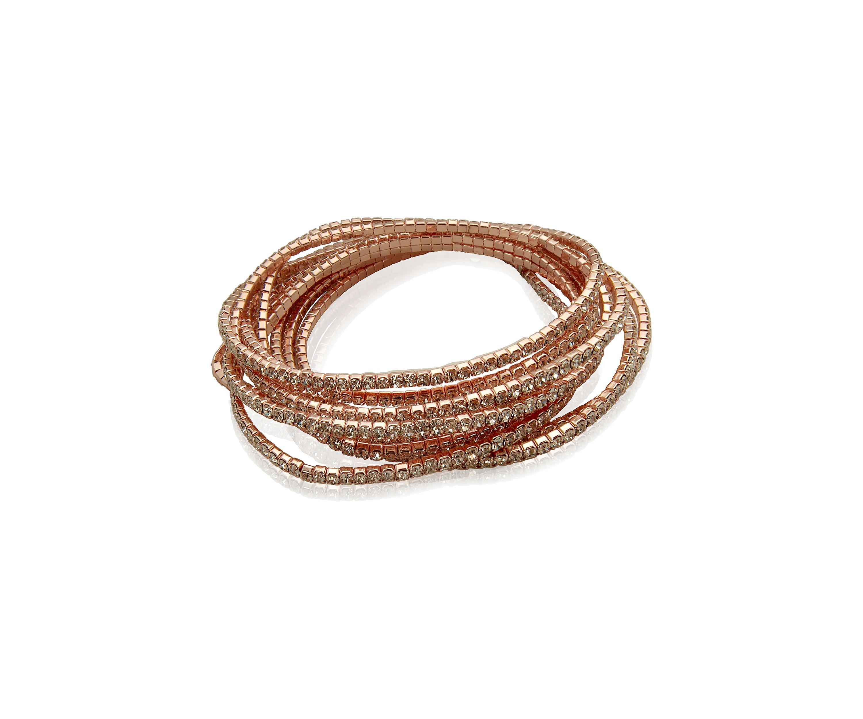 Rose Gold Tone and Crystal Stretch Bracelets - Set of 10