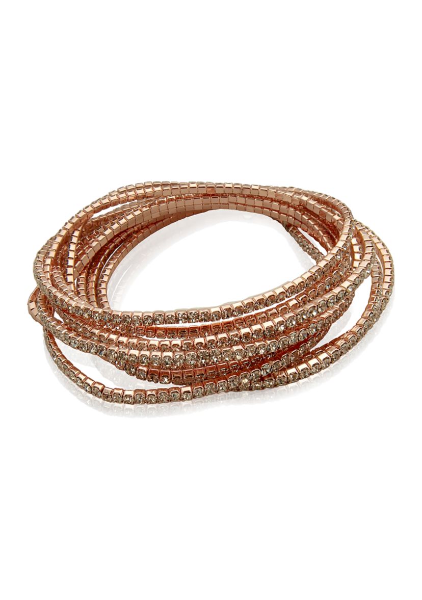 Rose Gold Tone and Crystal Stretch Bracelets - Set of 10