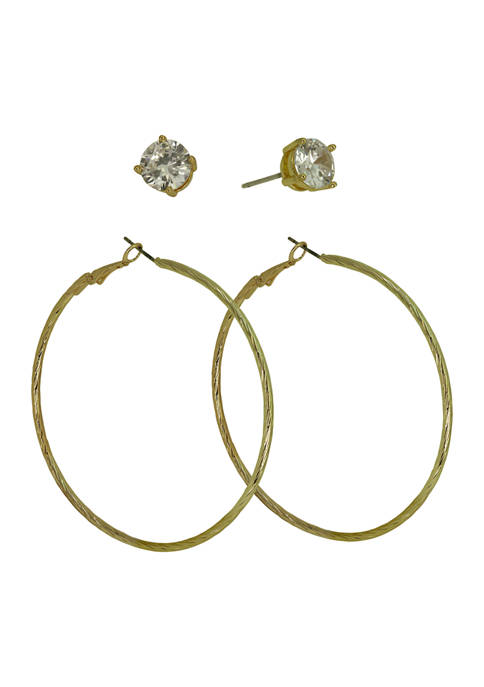Rose Gold Tone Cubic Zirconia Stud and Hoop Earrings Set