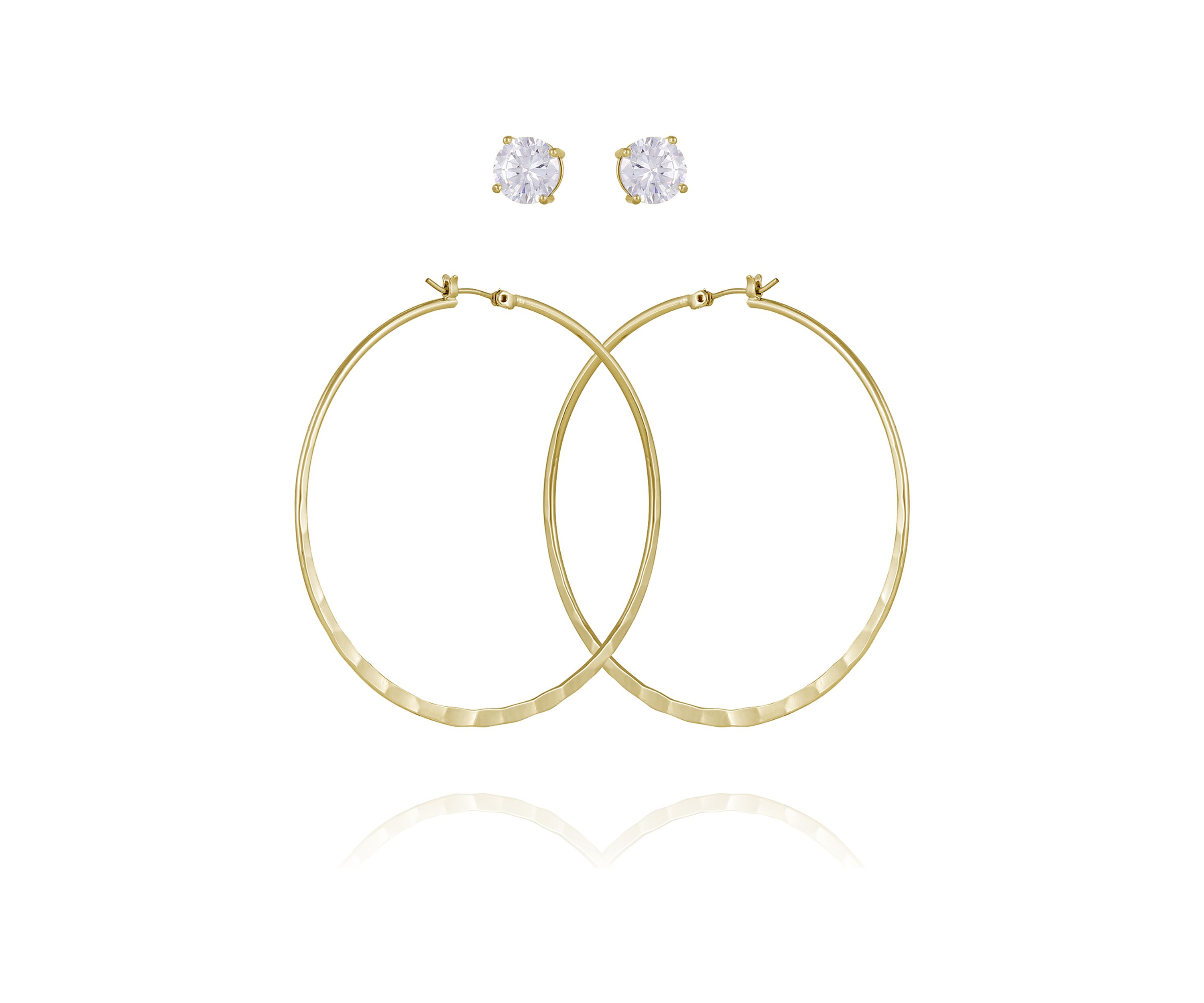 Gold Tone Cubic Zirconia Stud and Hoop Earrings Set
