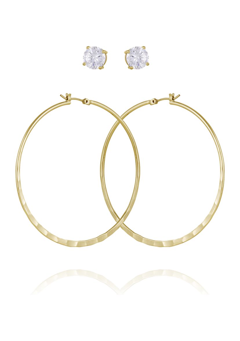 Gold Tone Cubic Zirconia Stud and Hoop Earrings Set
