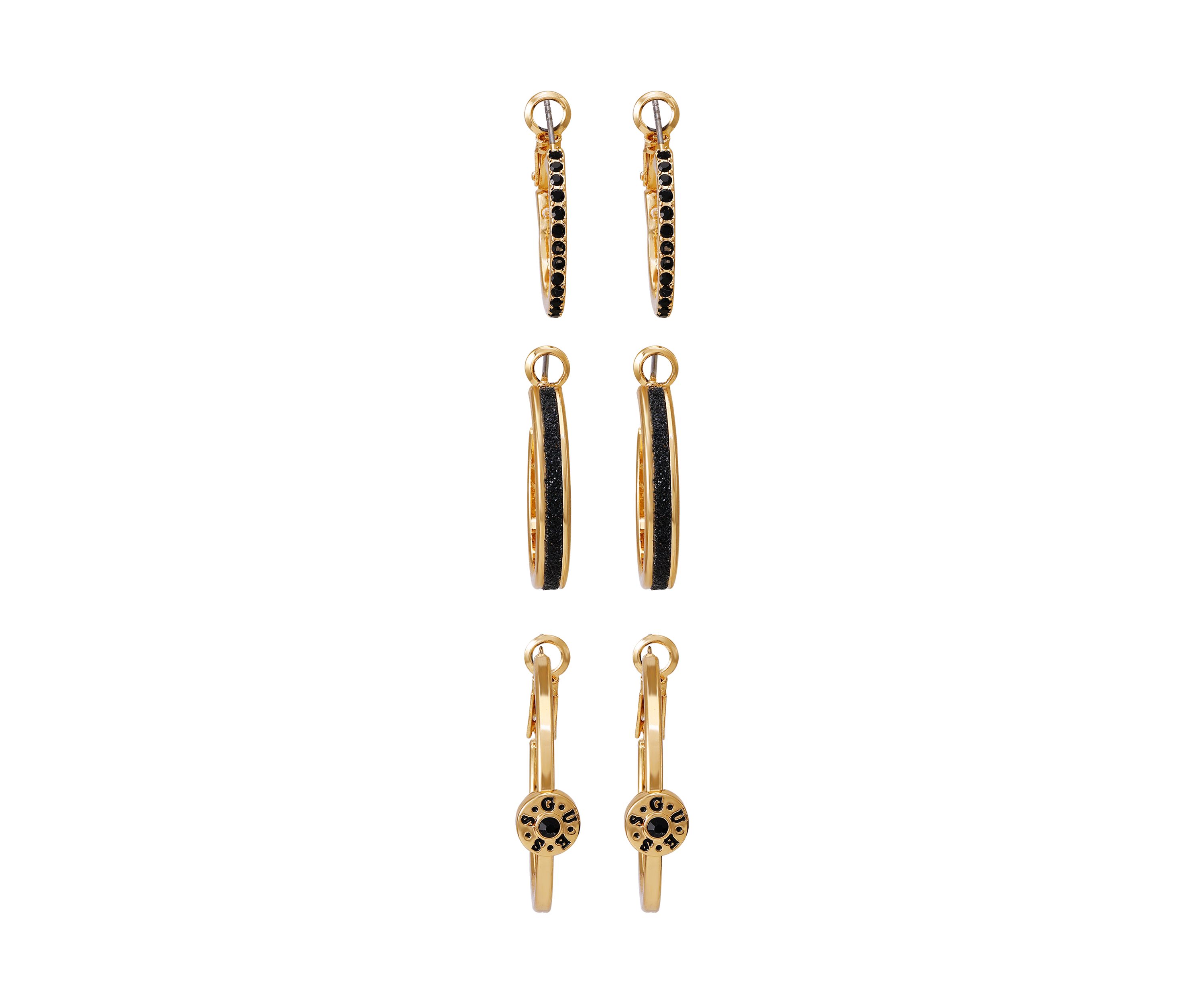 Gold Tone Onyx Hoop Earrings Set