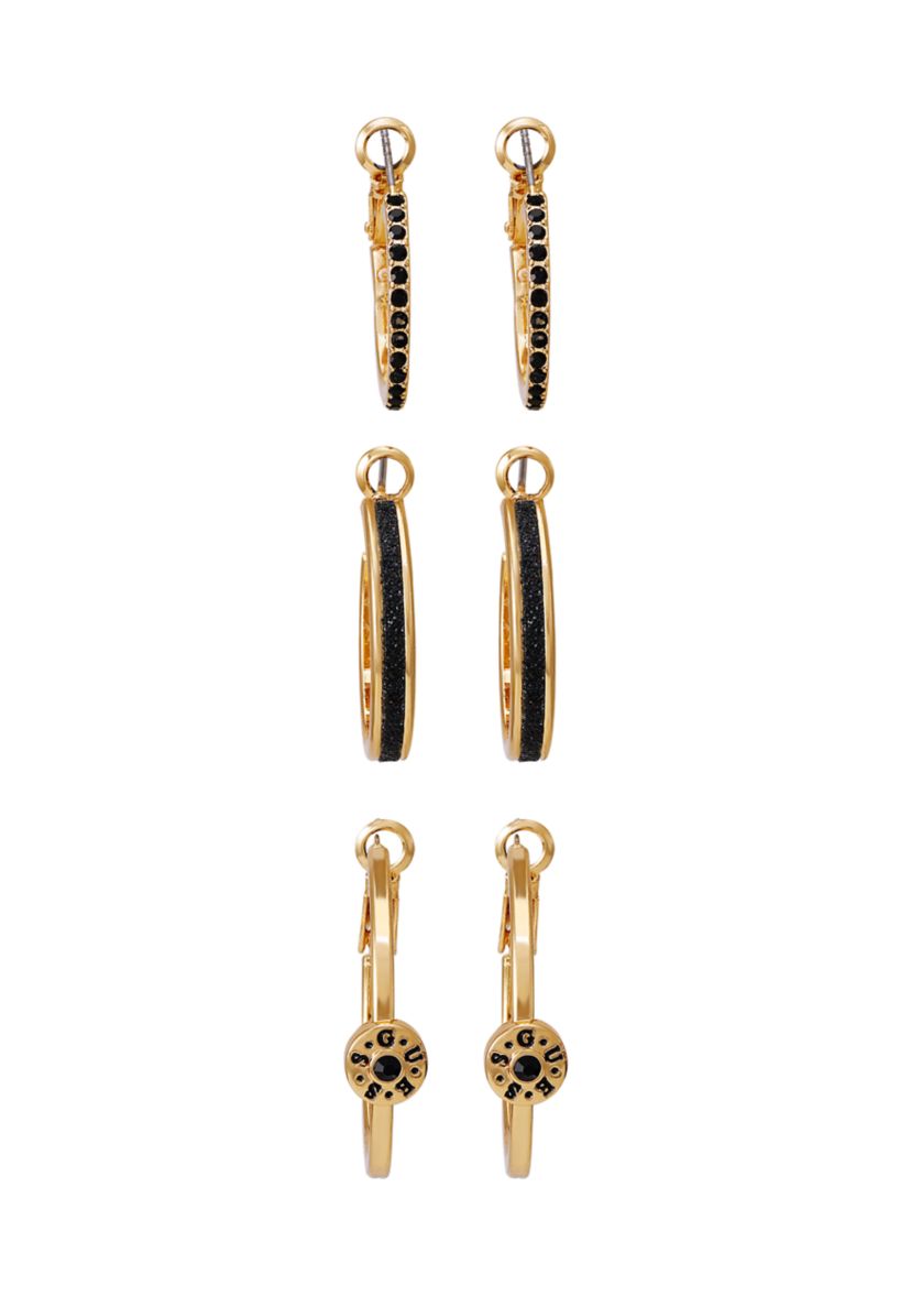 Gold Tone Onyx Hoop Earrings Set