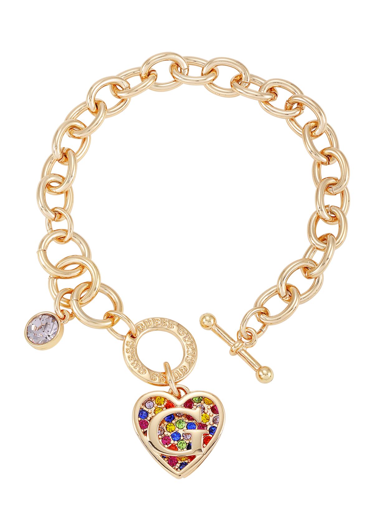 Gold Tone Multi Stone Heart Charm Toggle Bracelet