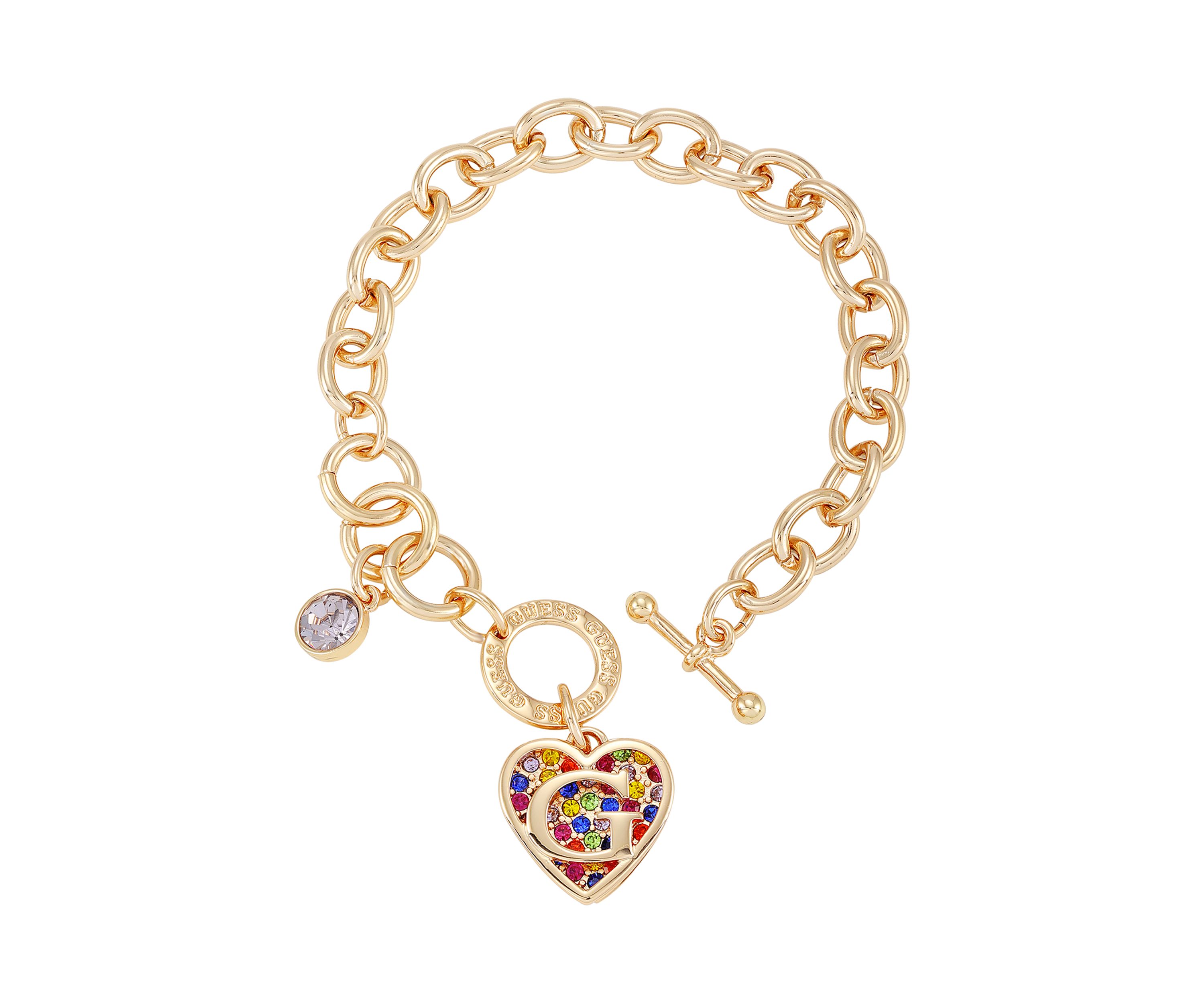 Gold Tone Multi Stone Heart Charm Toggle Bracelet