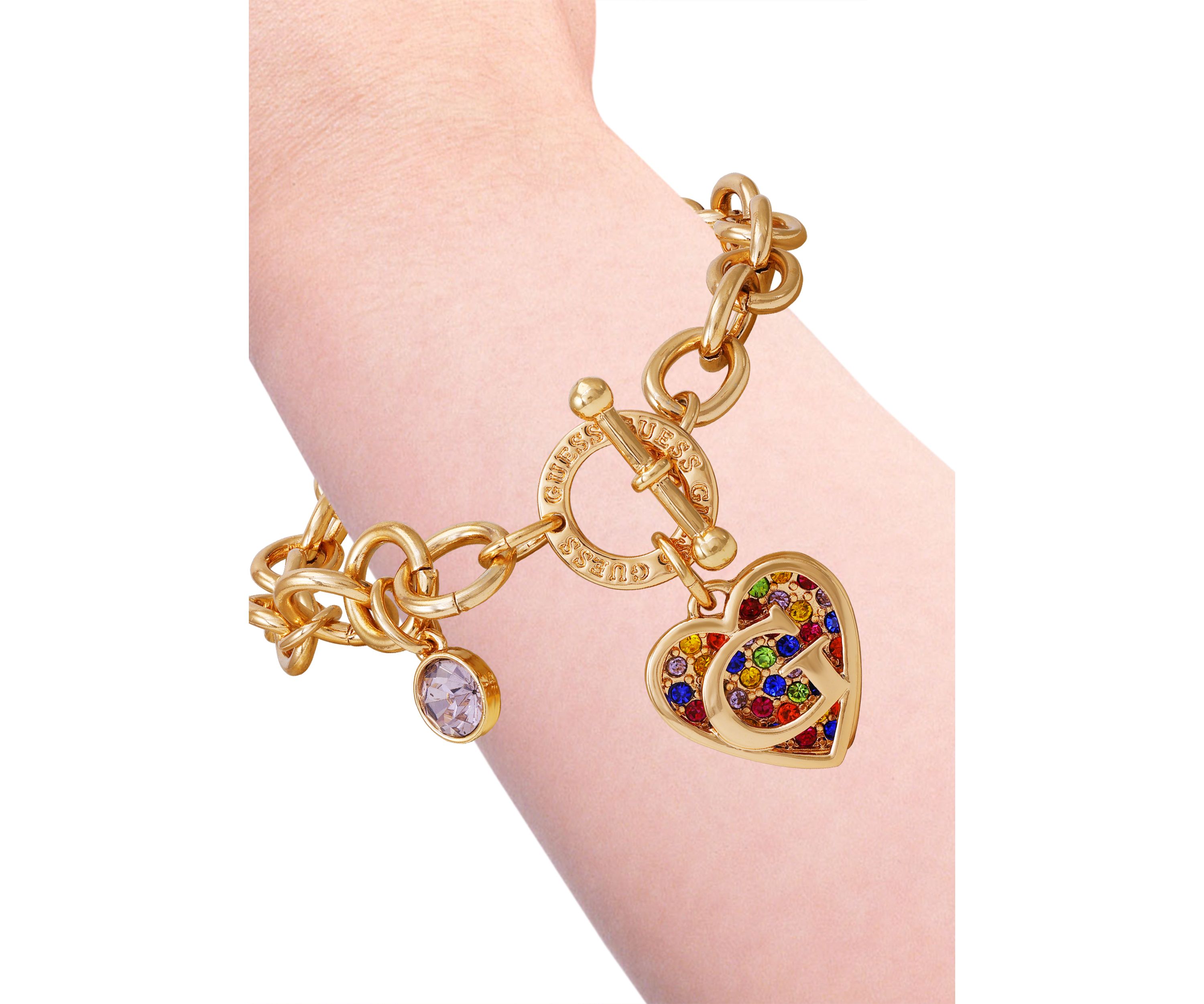 Gold Tone Multi Stone Heart Charm Toggle Bracelet