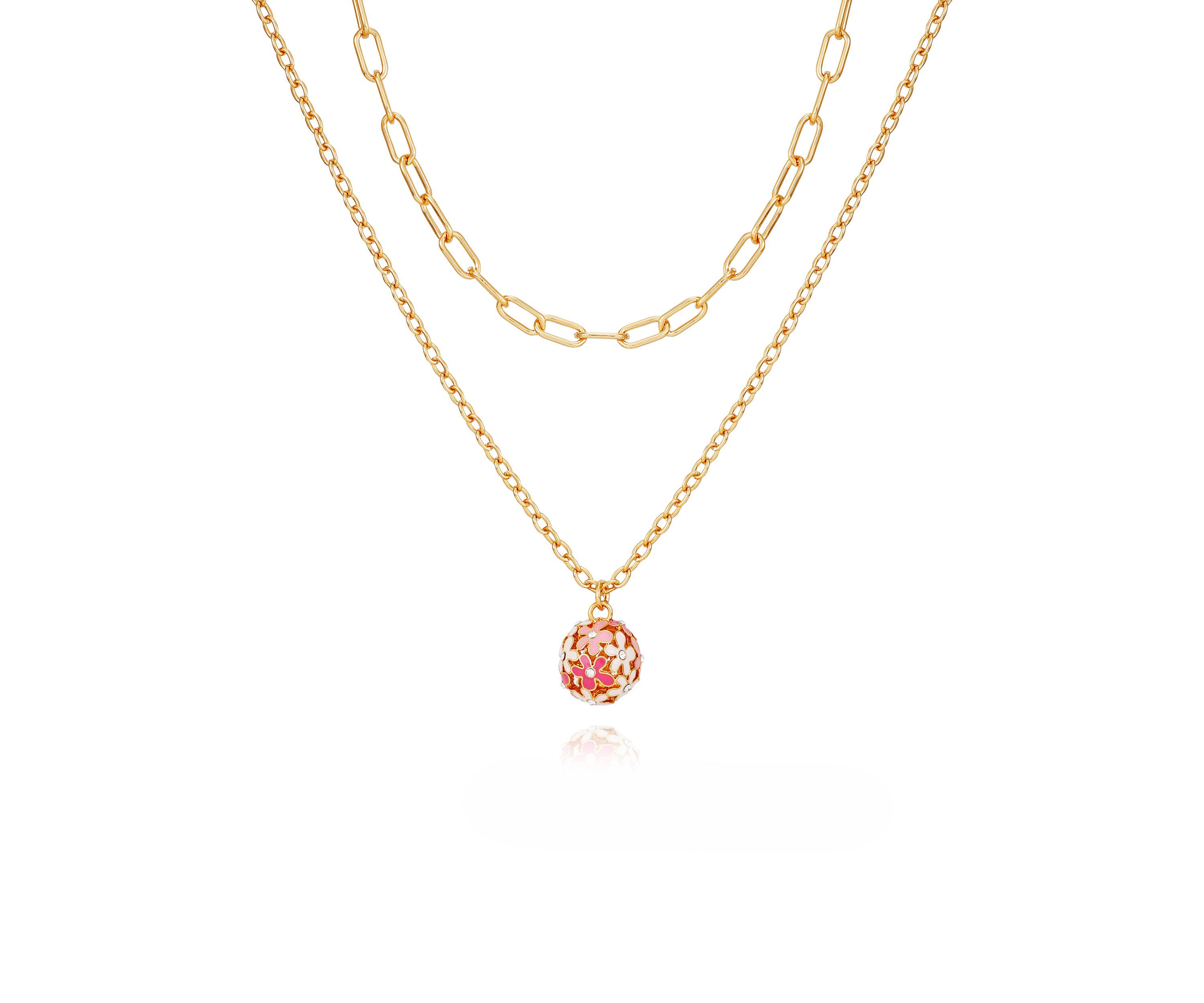 Gold Tone Multi Strand Pink Floral Pendant Necklace