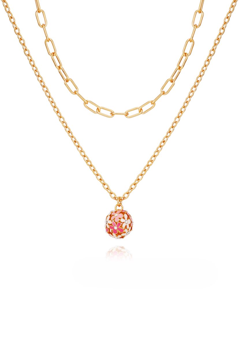 Gold Tone Multi Strand Pink Floral Pendant Necklace