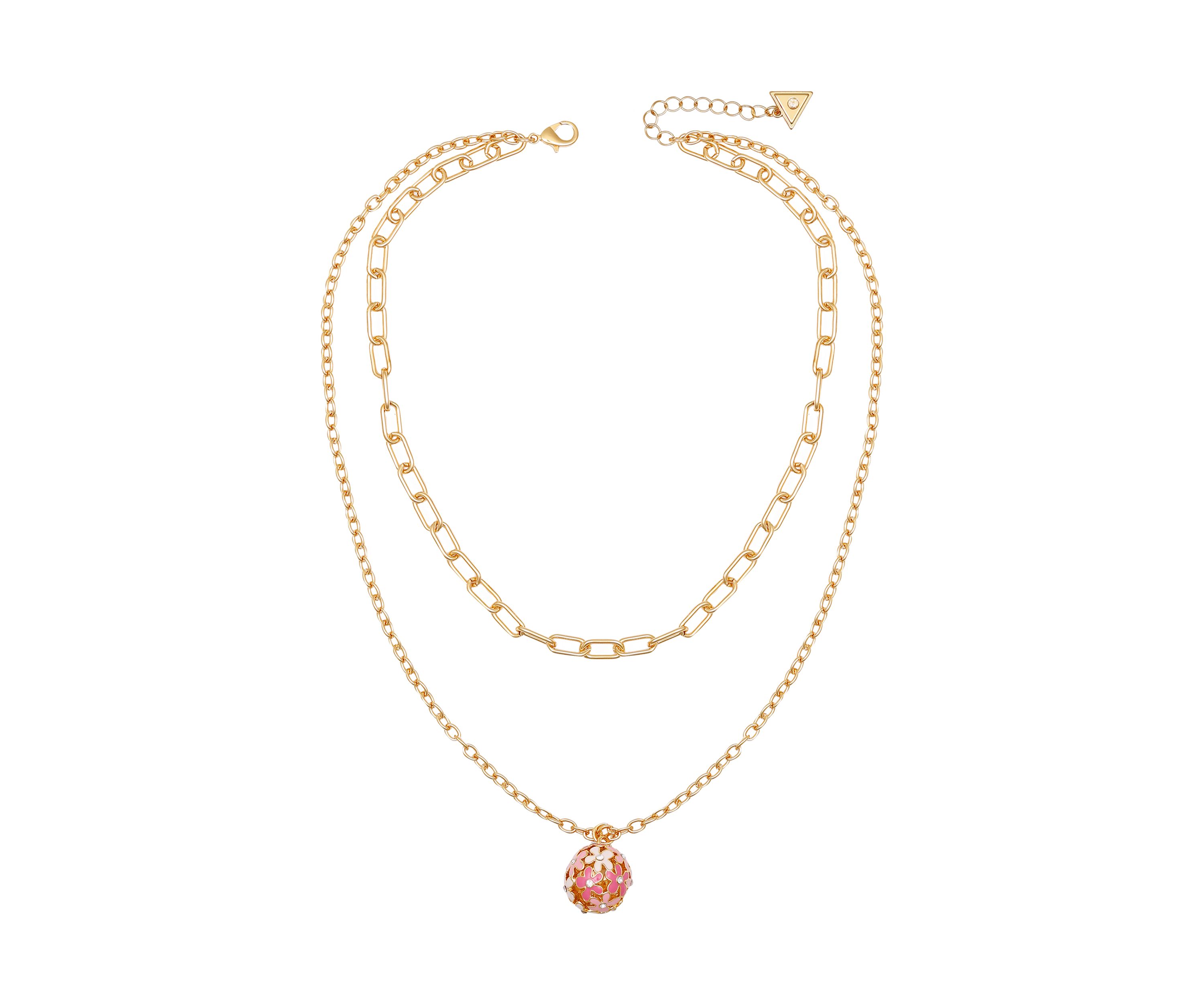 Gold Tone Multi Strand Pink Floral Pendant Necklace