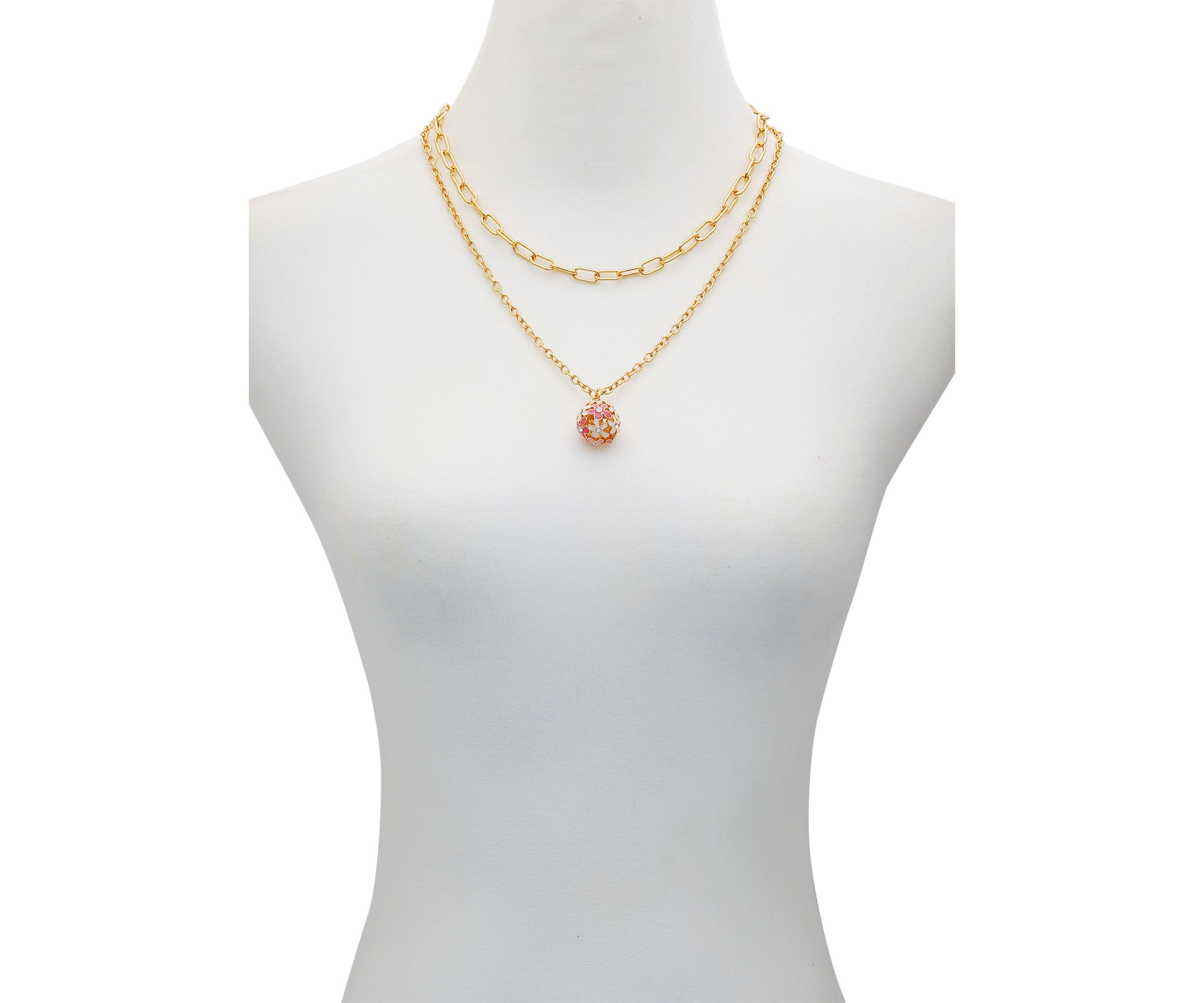 Gold Tone Multi Strand Pink Floral Pendant Necklace