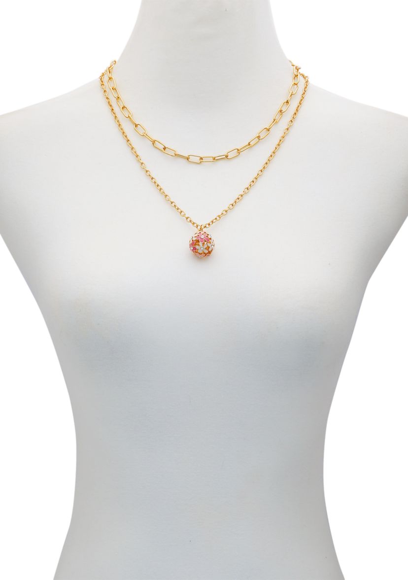 Gold Tone Multi Strand Pink Floral Pendant Necklace