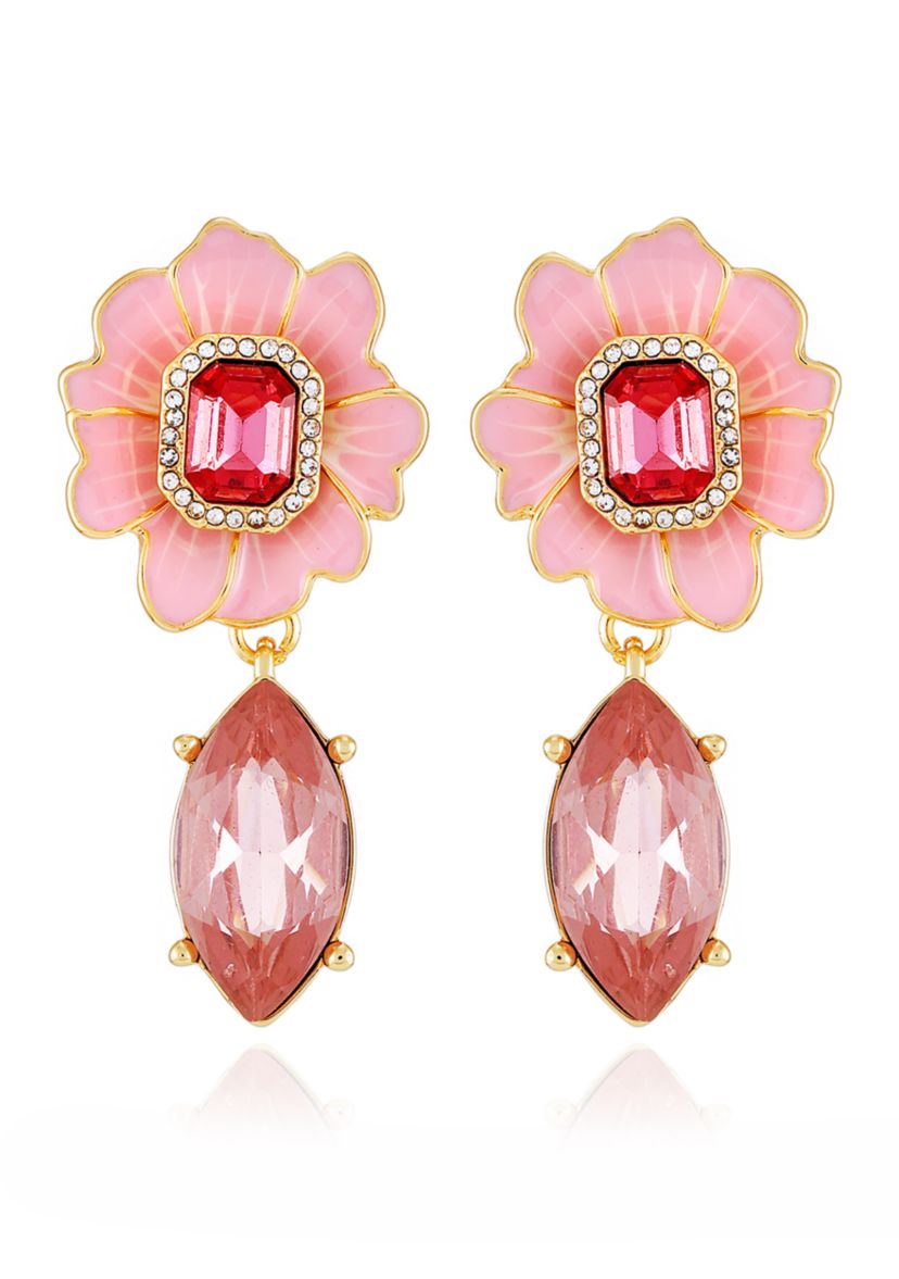 Gold Tone Pink Flower Drop Earrings