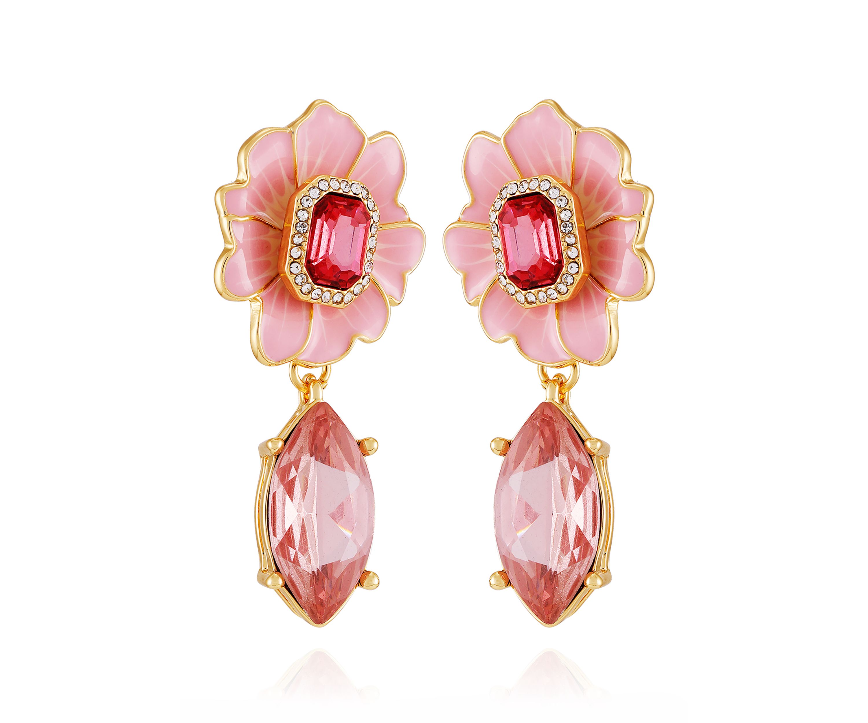 Gold Tone Pink Flower Drop Earrings