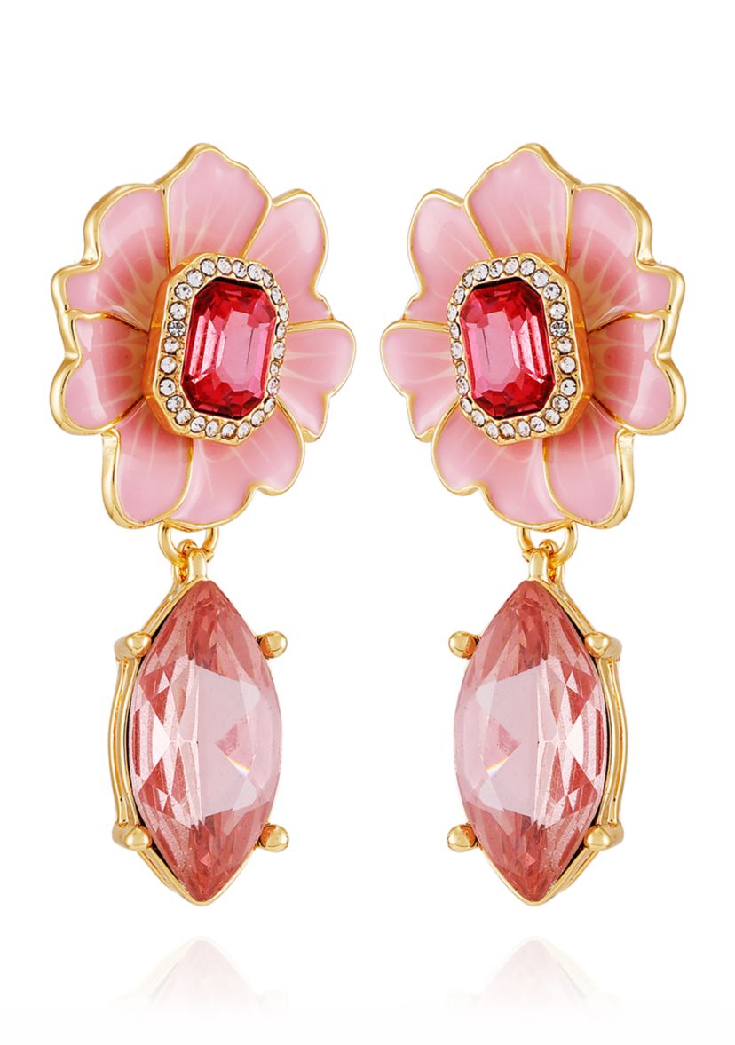 Gold Tone Pink Flower Drop Earrings