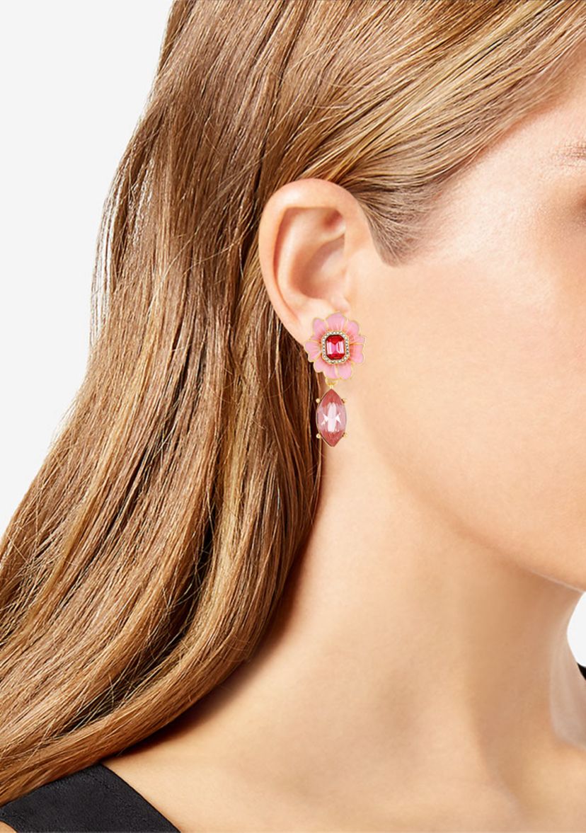 Gold Tone Pink Flower Drop Earrings