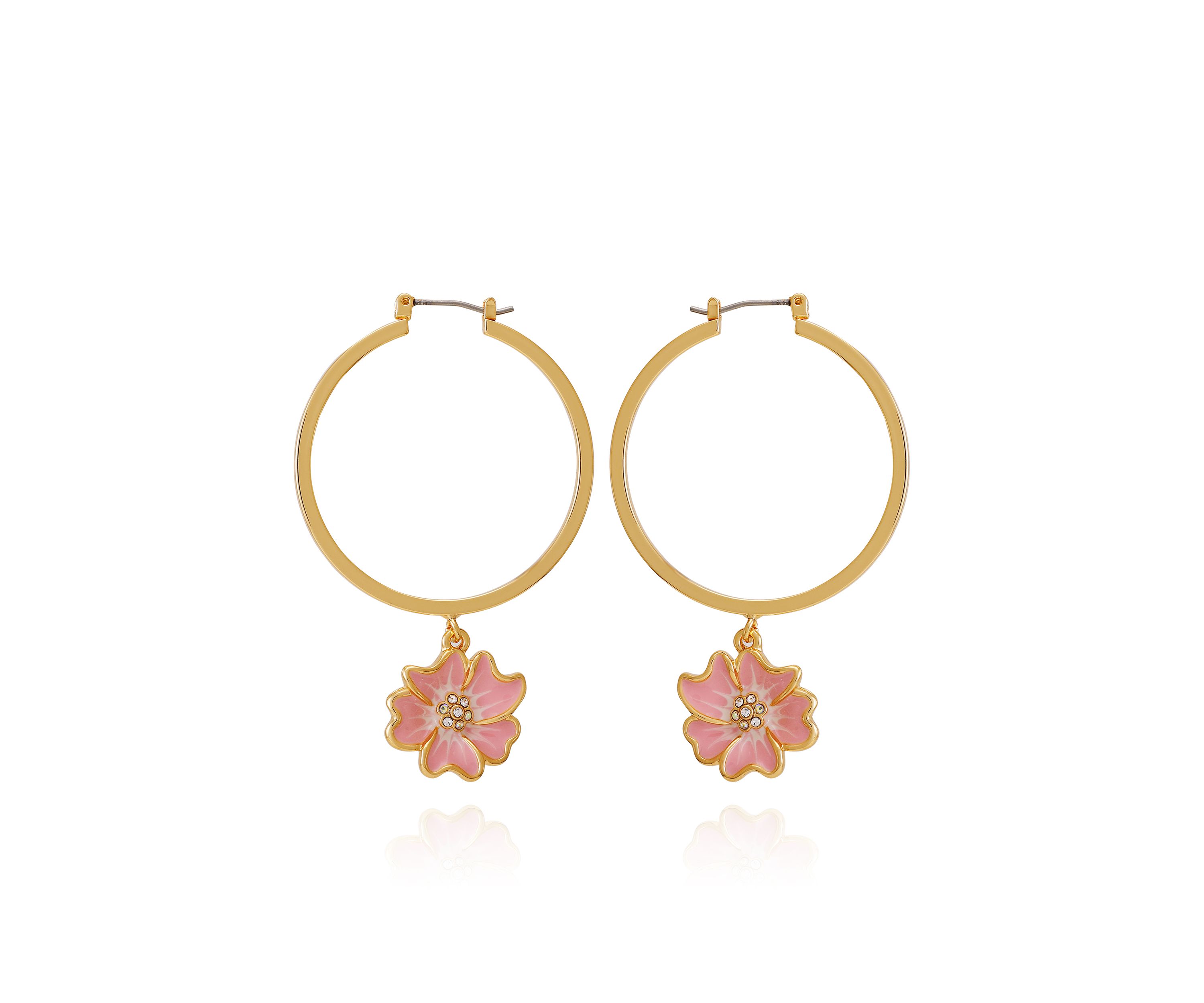 Gold Tone Floral Drop Hoop Earrings