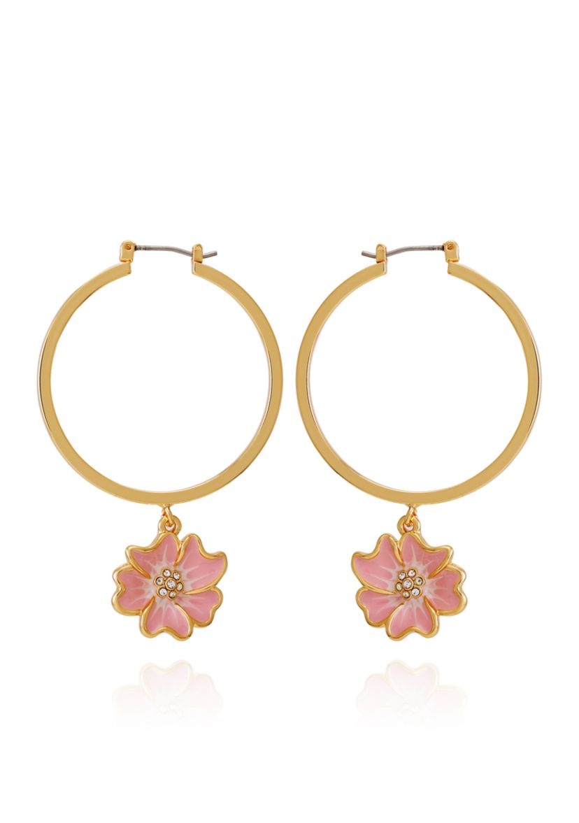 Gold Tone Floral Drop Hoop Earrings
