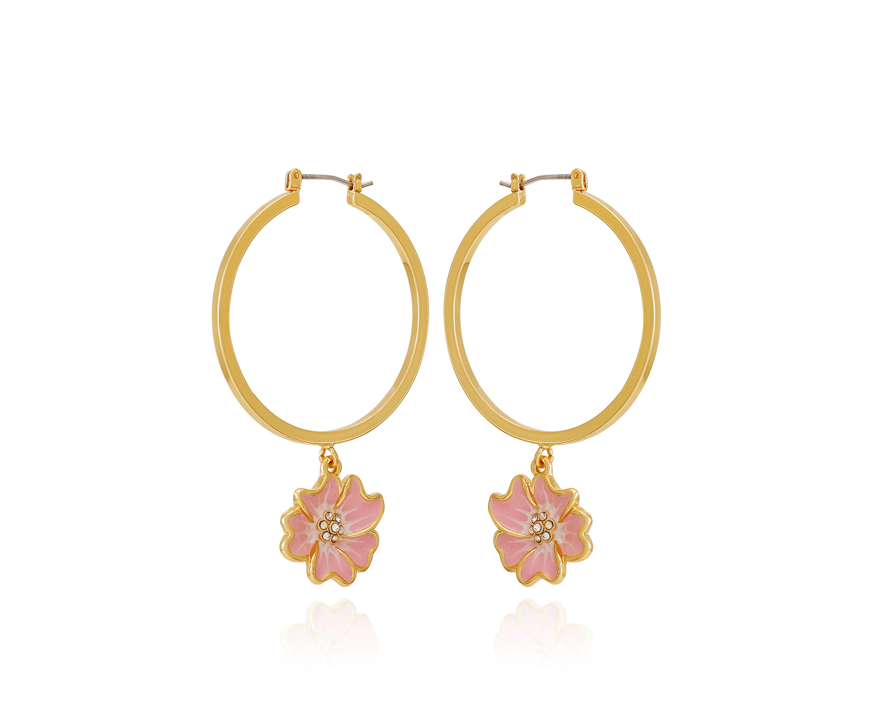 Gold Tone Floral Drop Hoop Earrings