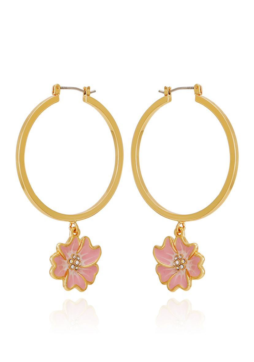 Gold Tone Floral Drop Hoop Earrings