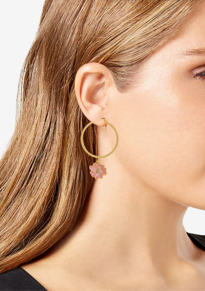 Gold Tone Floral Drop Hoop Earrings