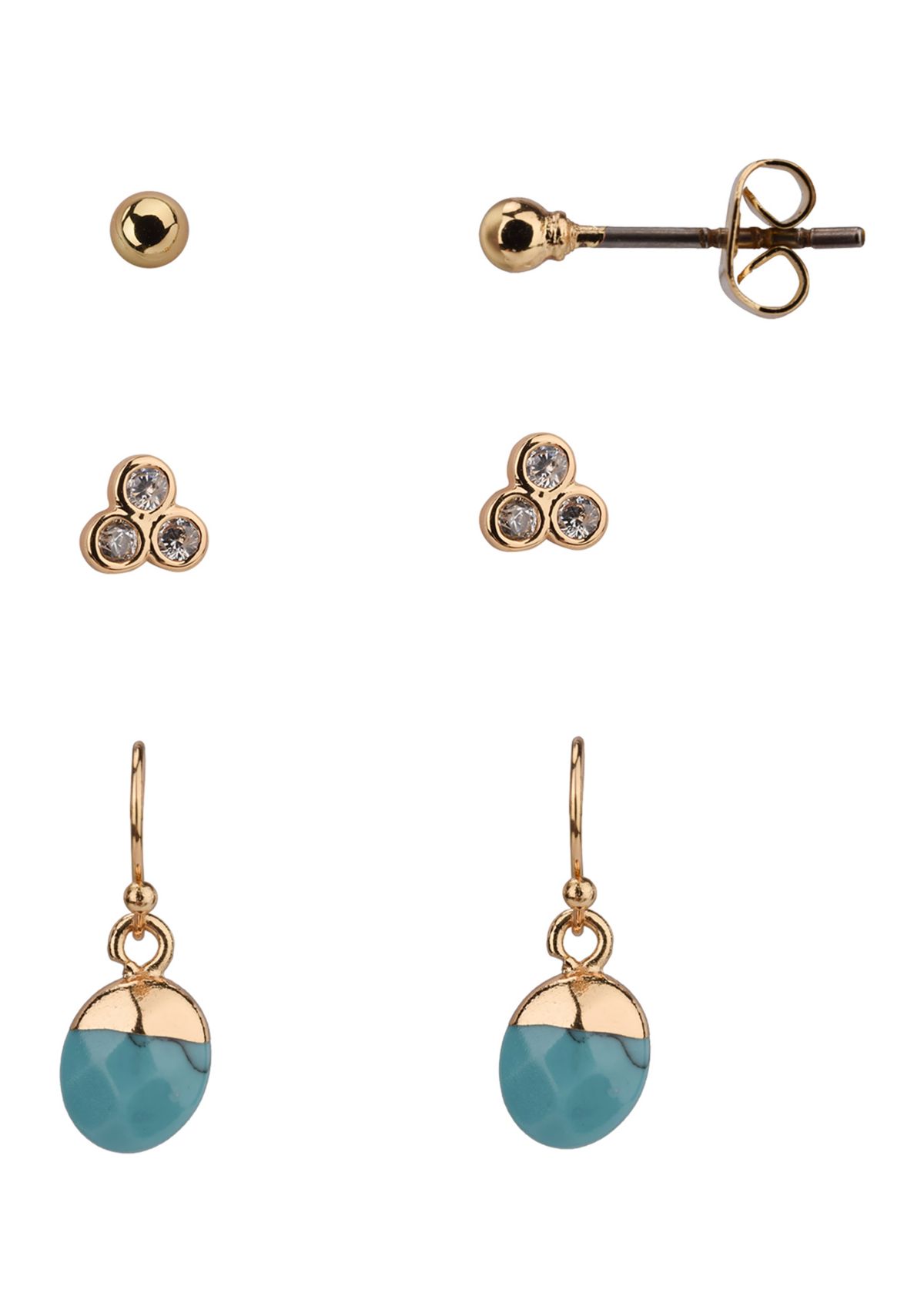 Trio Earring Set with Turquoise and Cubic Zirconia Stones in Gold Tone Plated Silver