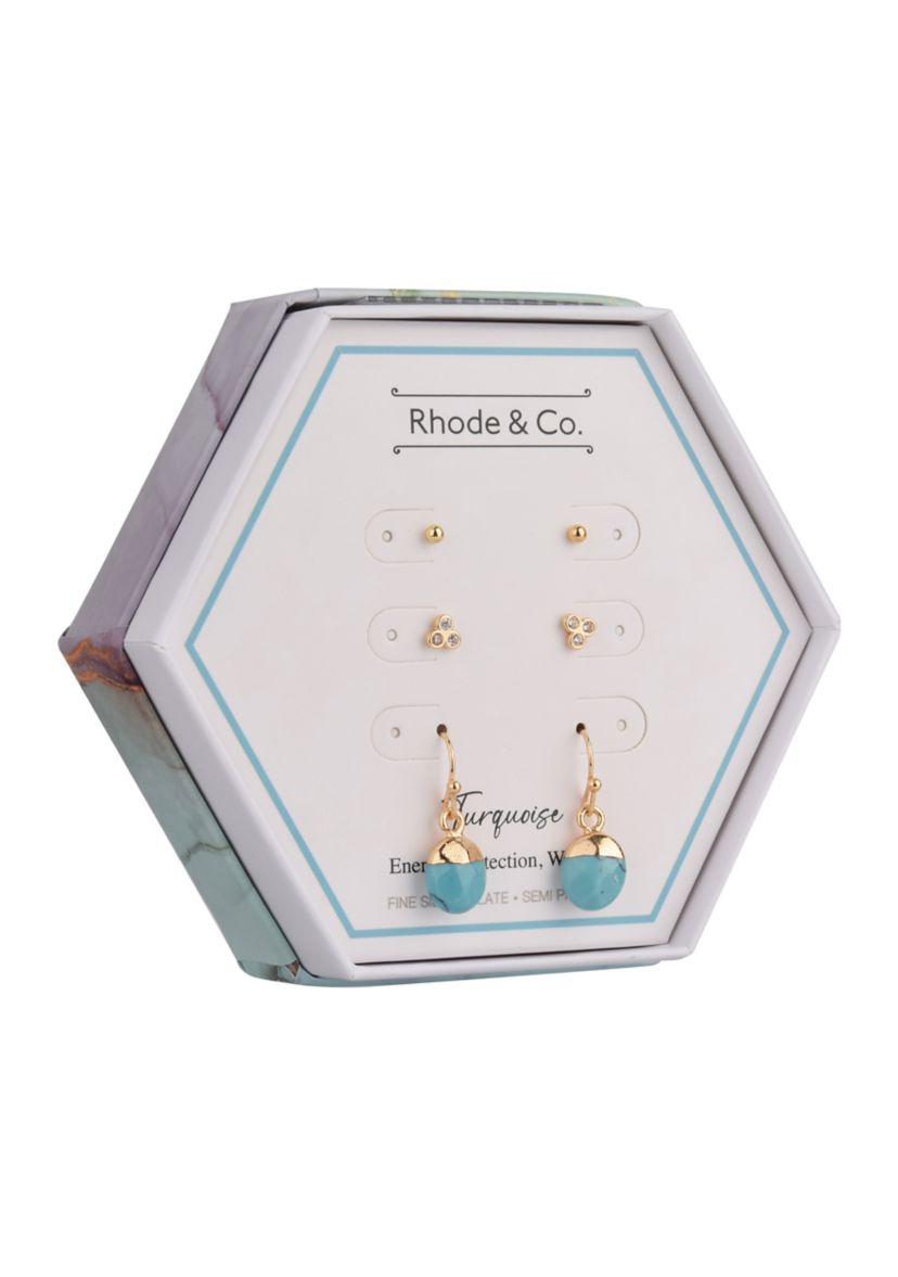 Trio Earring Set with Turquoise and Cubic Zirconia Stones in Gold Tone Plated Silver