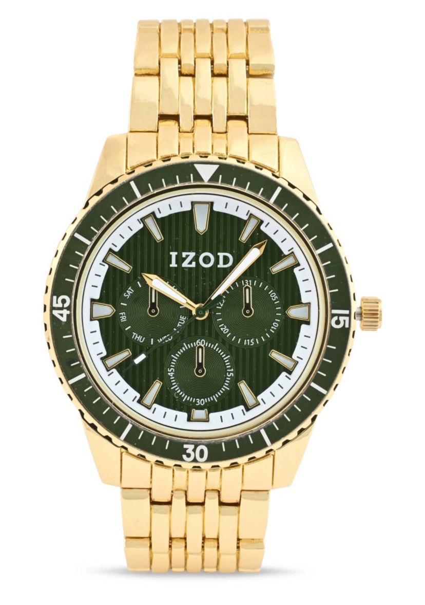 IZOD Adult Mens Analog Watch w Green Dial in Goldtone Bracelet Model# IZO50077