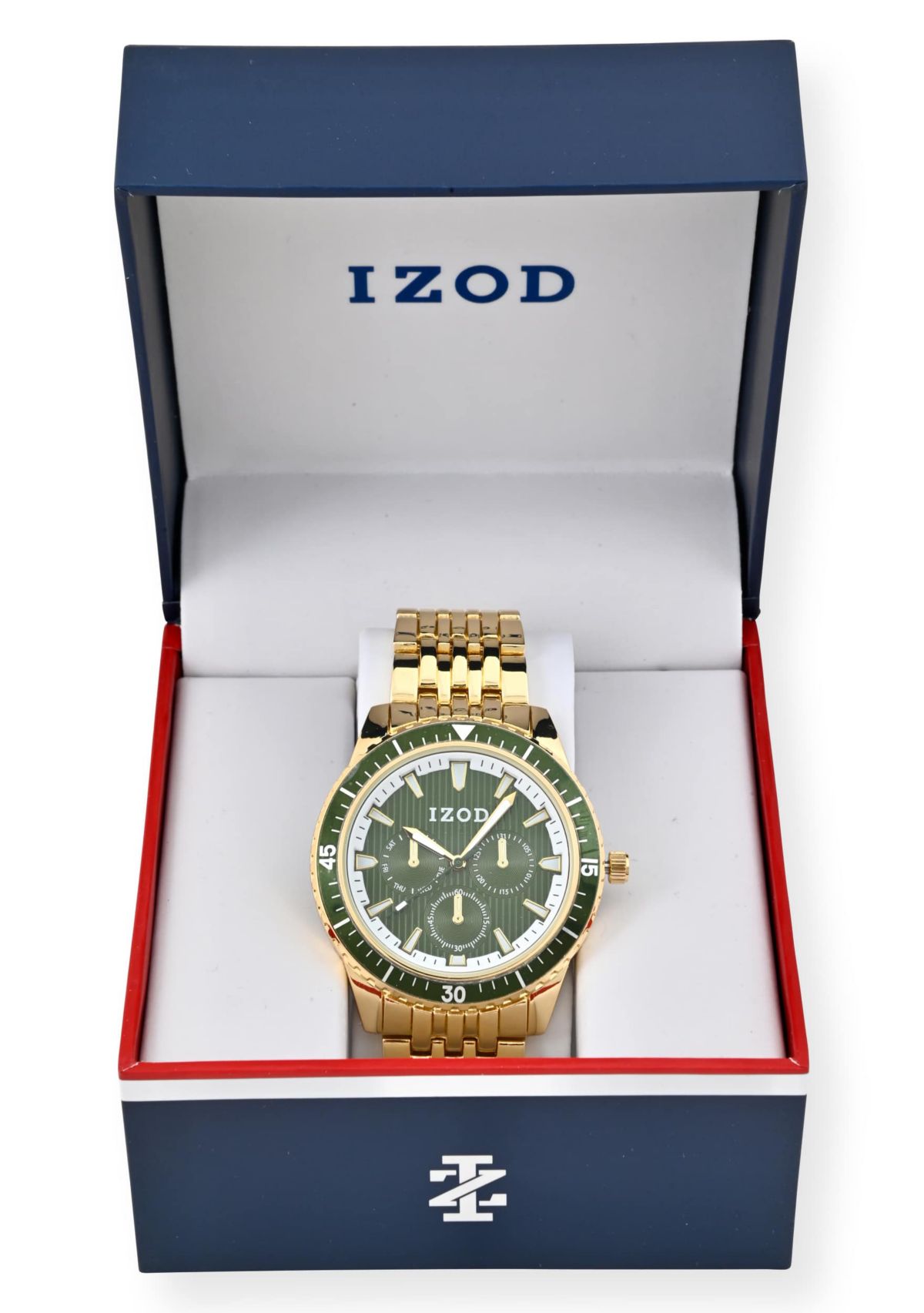 IZOD Adult Mens Analog Watch w Green Dial in Goldtone Bracelet Model# IZO50077