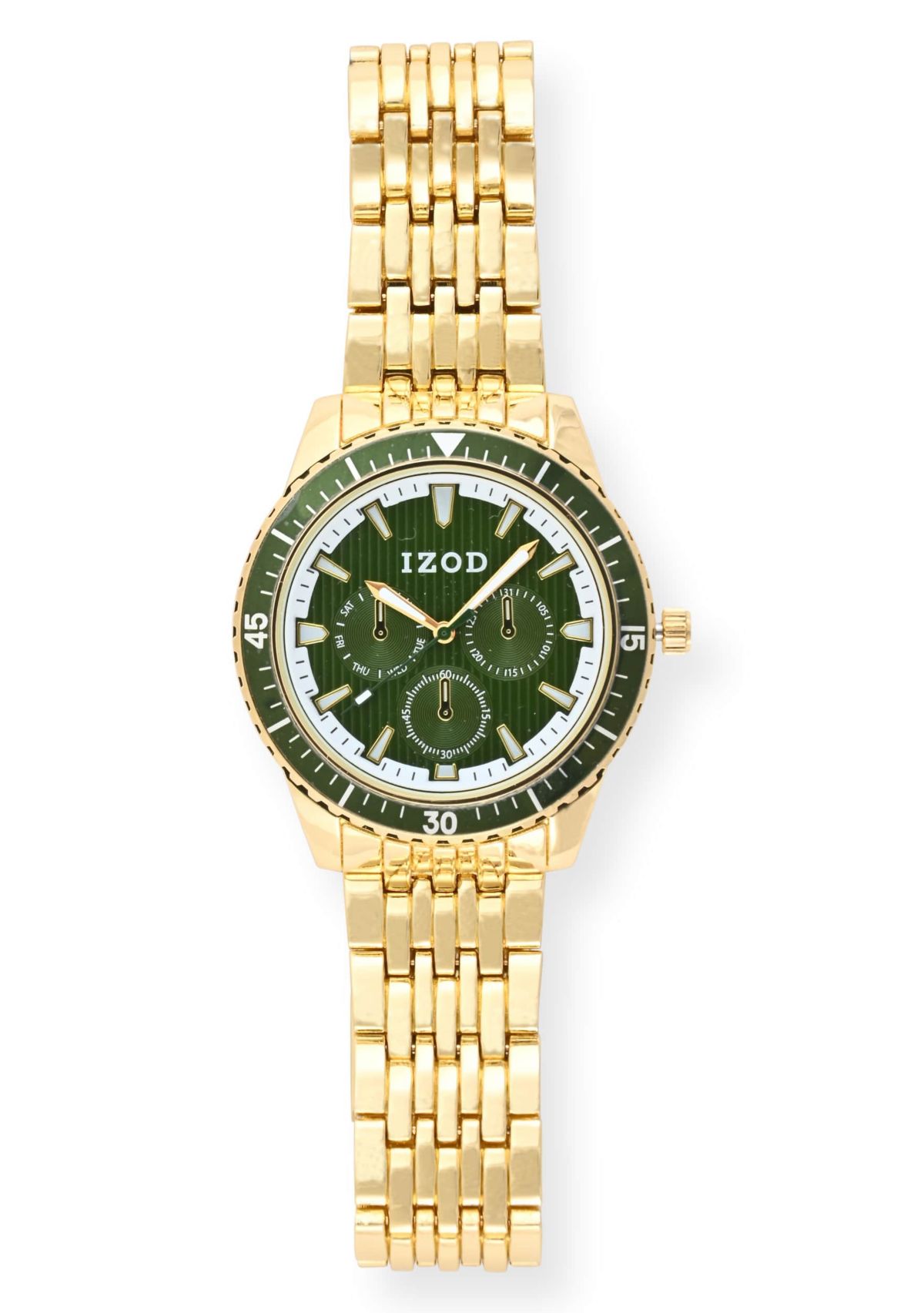 IZOD Adult Mens Analog Watch w Green Dial in Goldtone Bracelet Model# IZO50077