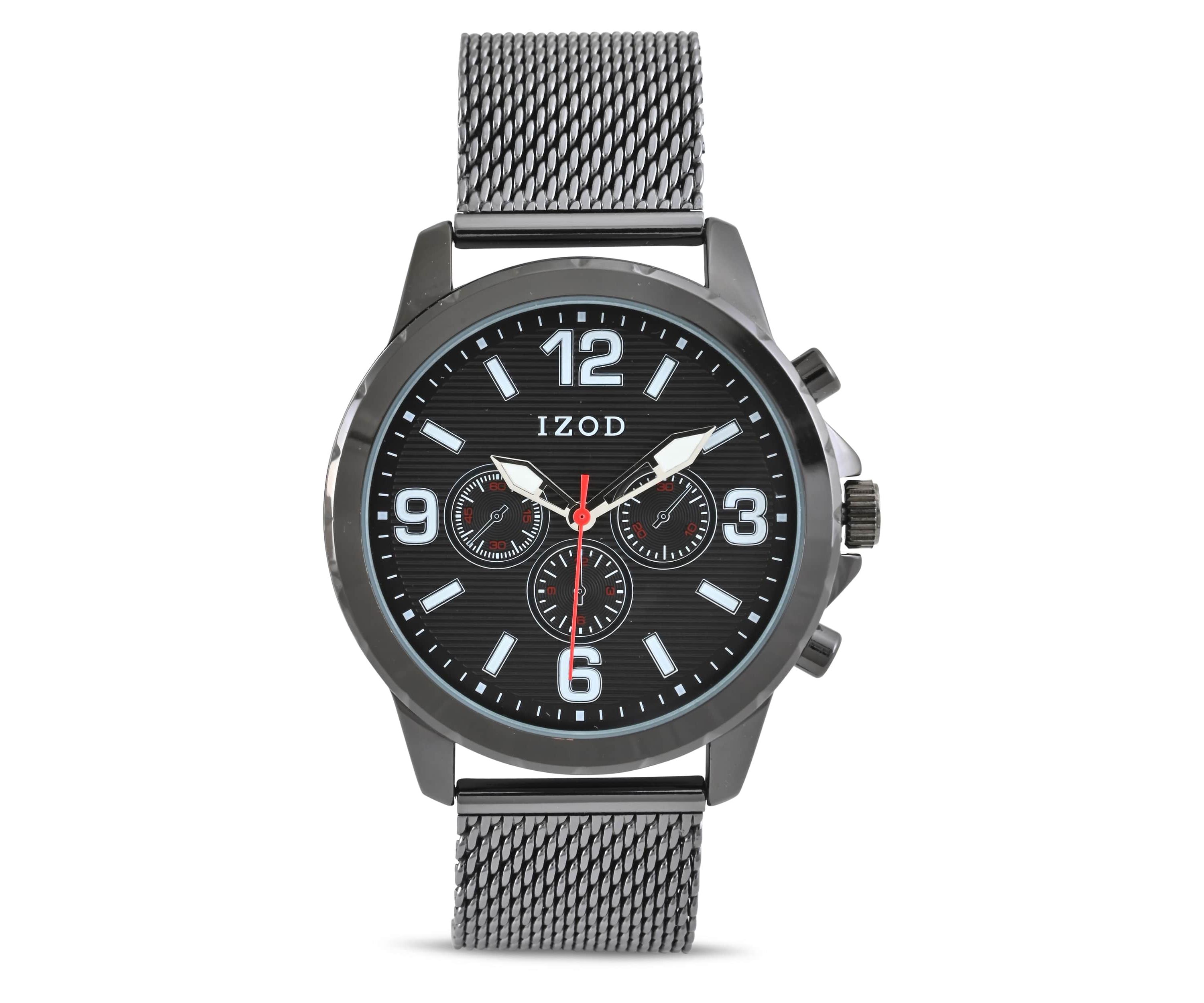 IZOD Adult Mens Analog Watch w Black Dial on Black Mesh Bracelet Model# IZO5826