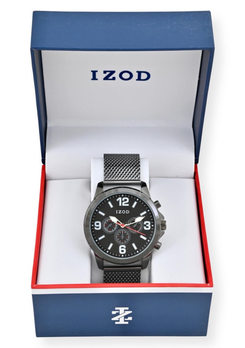 IZOD Adult Mens Analog Watch w Black Dial on Black Mesh Bracelet Model# IZO5826