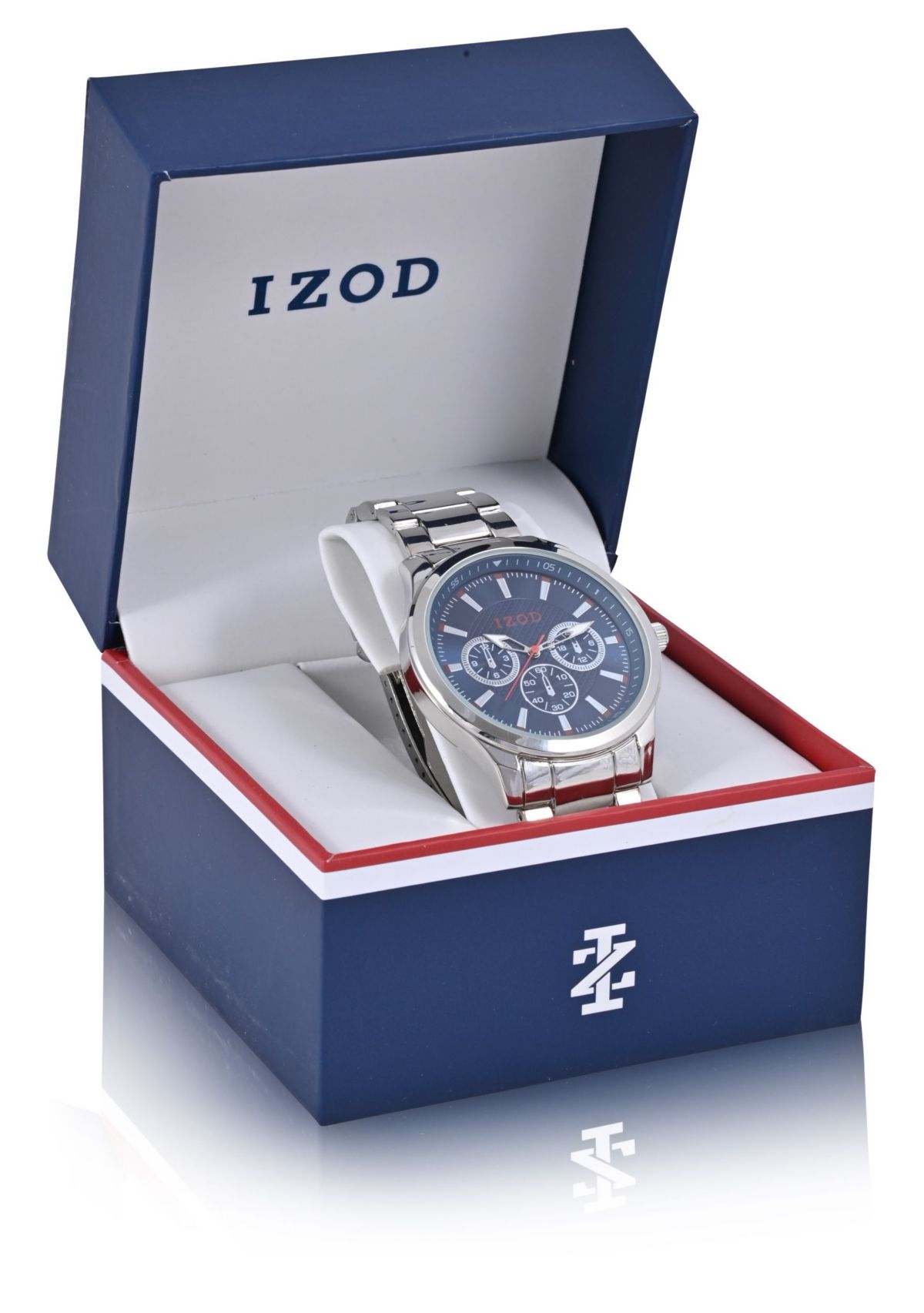 IZOD Silvertone Bracelet Watch w Red White Blue Accents
