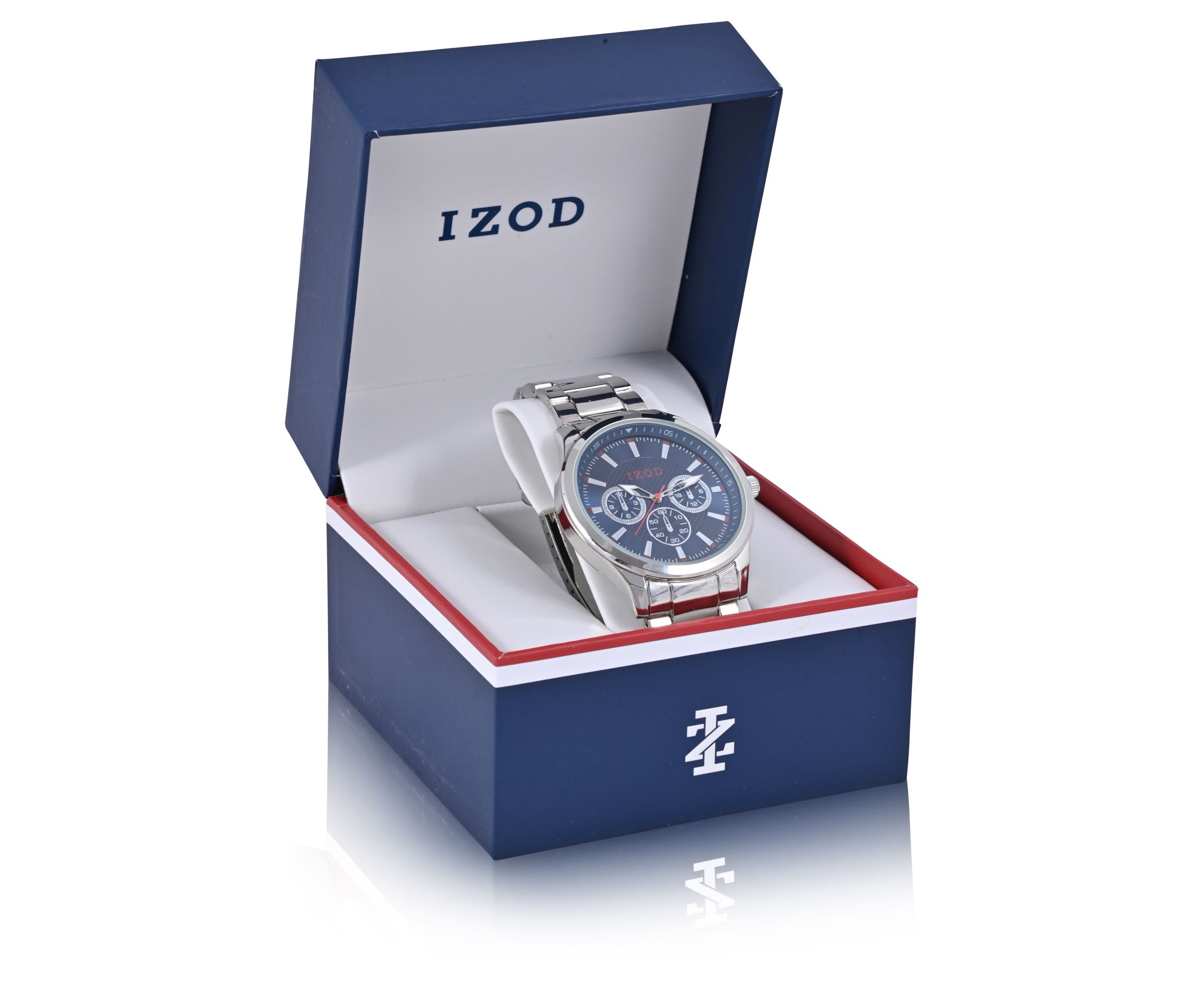 IZOD Silvertone Bracelet Watch w Red White Blue Accents