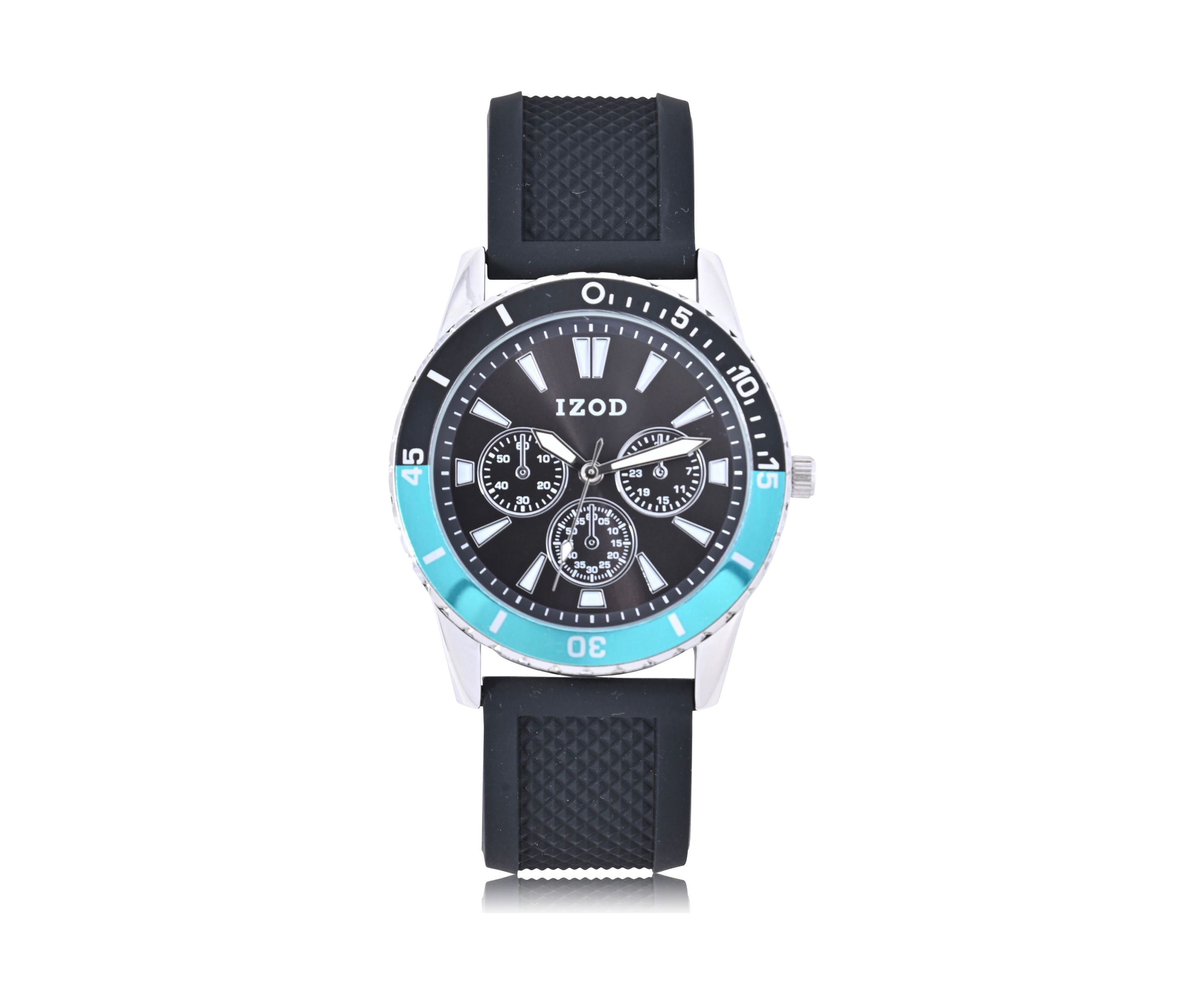 IZOD Black Textured Silicone Strap Watch with Aqua Accent Bezel