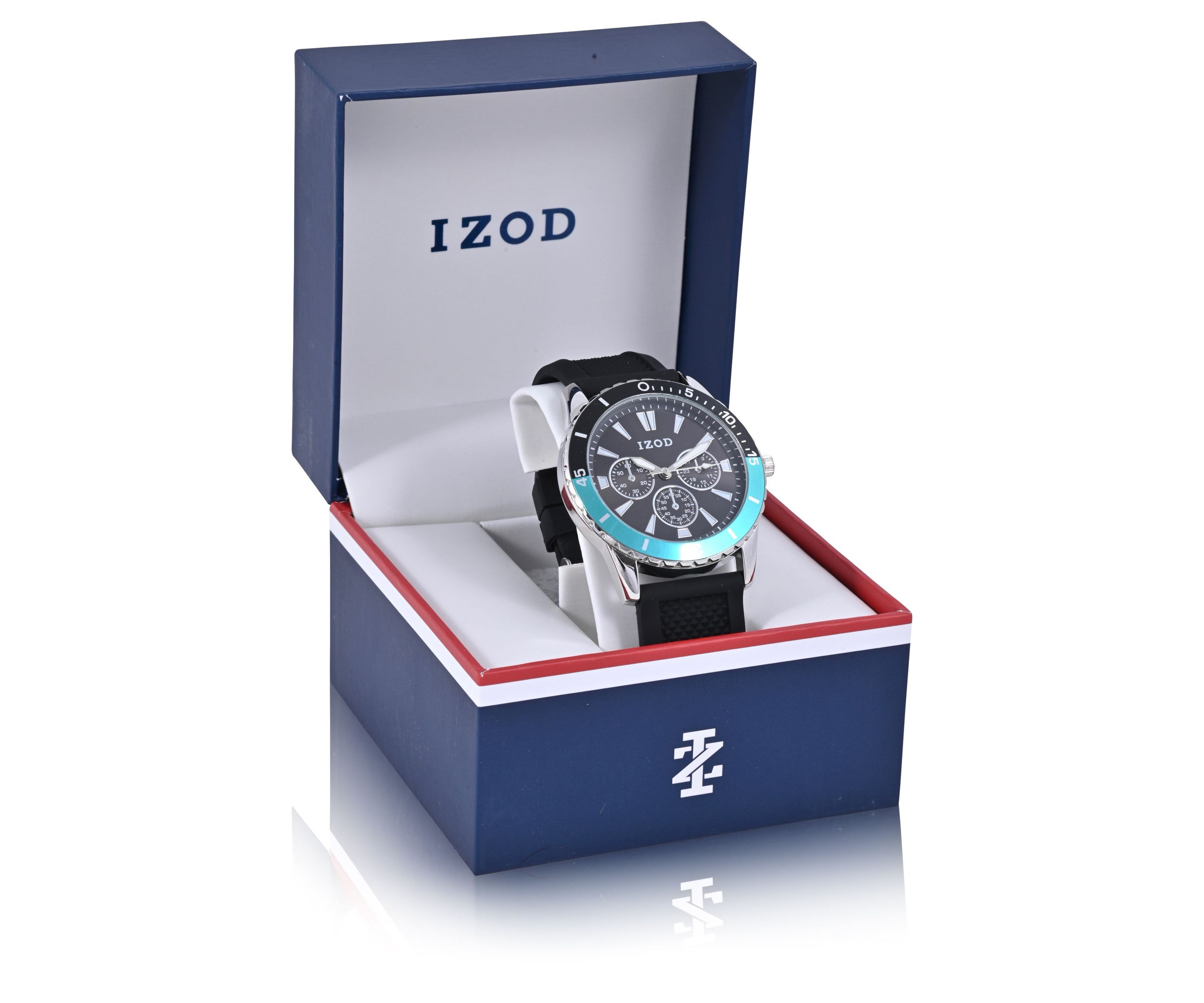 IZOD Black Textured Silicone Strap Watch with Aqua Accent Bezel