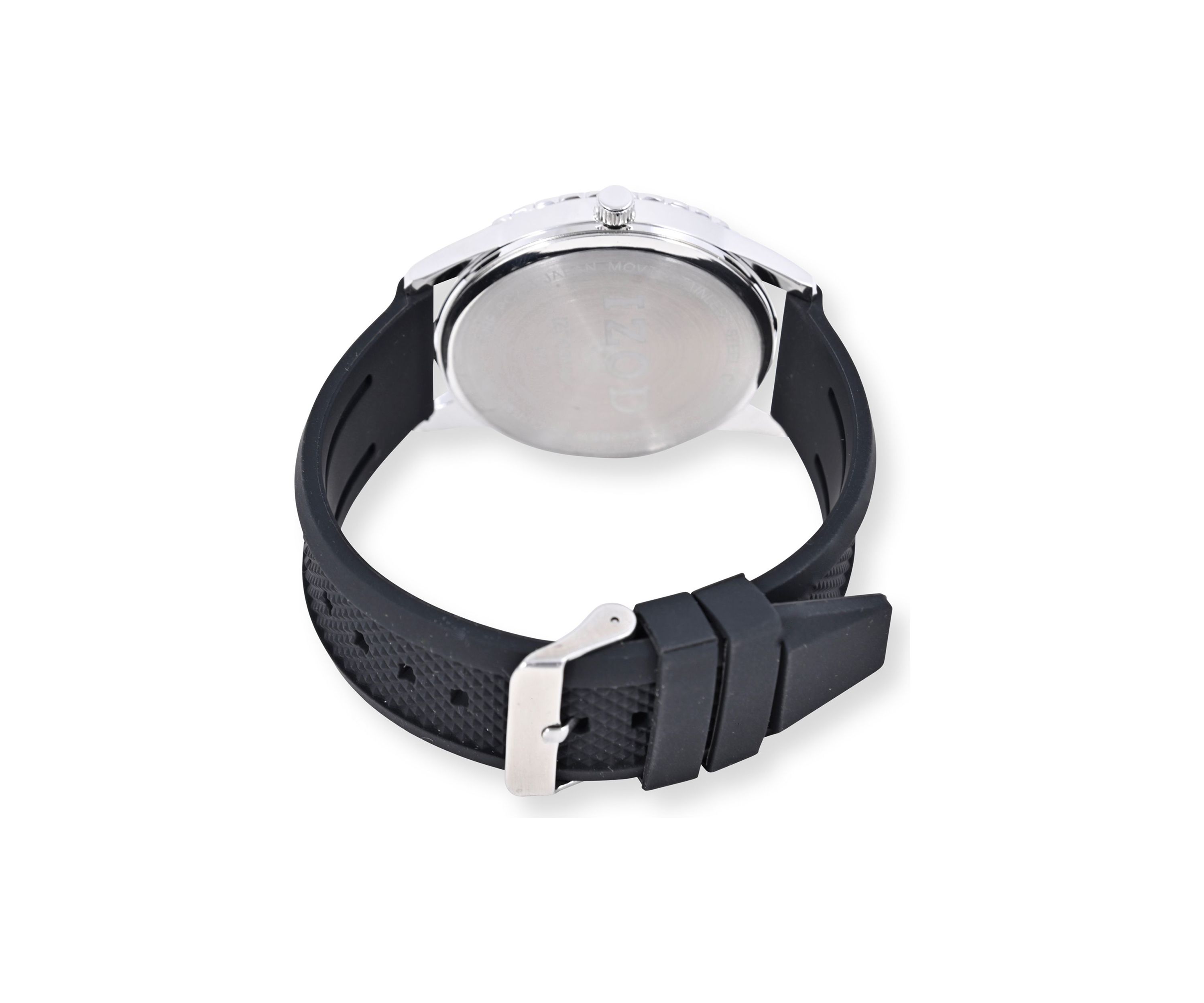IZOD Black Textured Silicone Strap Watch with Aqua Accent Bezel