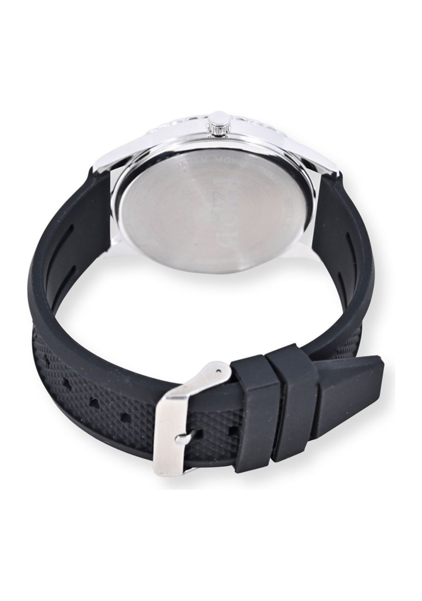 IZOD Black Textured Silicone Strap Watch with Aqua Accent Bezel