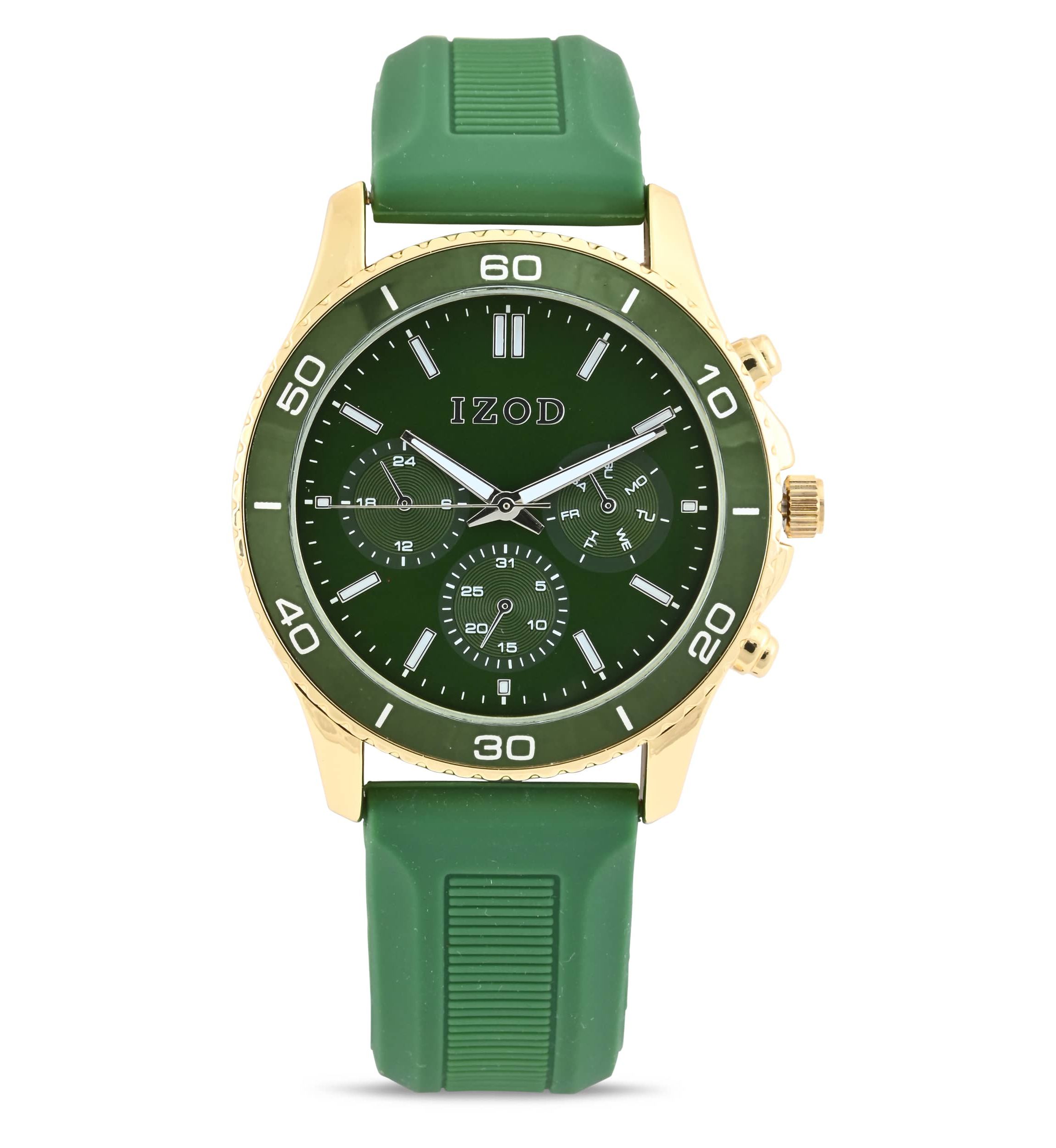 IZOD Adult Mens Analog Watch w Green Rubber Strap in Gold Model# IZO9432