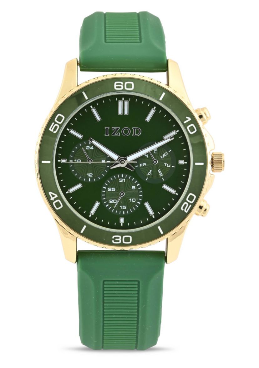 IZOD Adult Mens Analog Watch w Green Rubber Strap in Gold Model# IZO9432