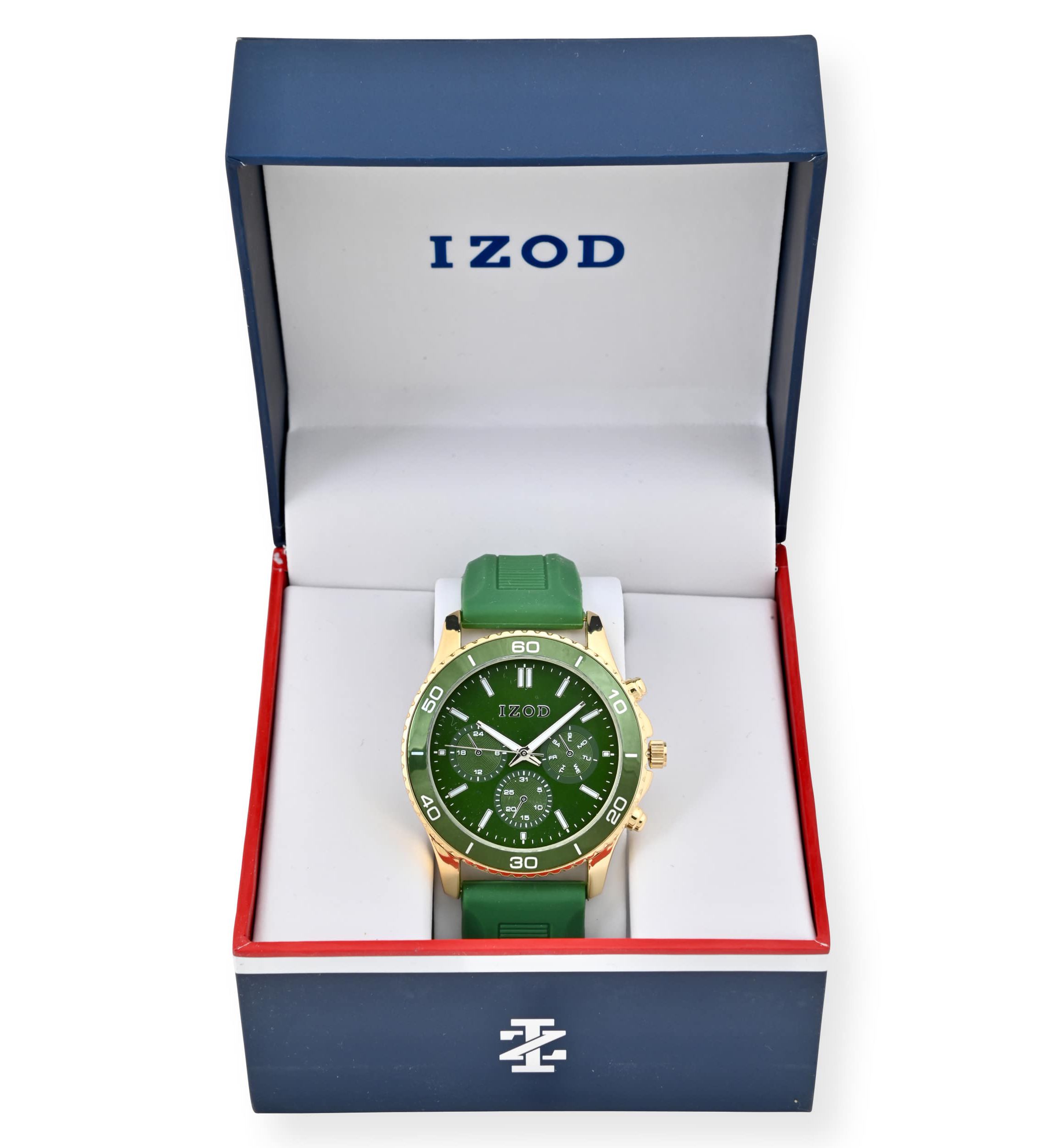 IZOD Adult Mens Analog Watch w Green Rubber Strap in Gold Model# IZO9432