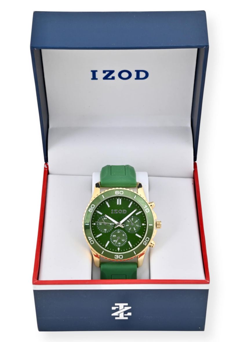 IZOD Adult Mens Analog Watch w Green Rubber Strap in Gold Model# IZO9432