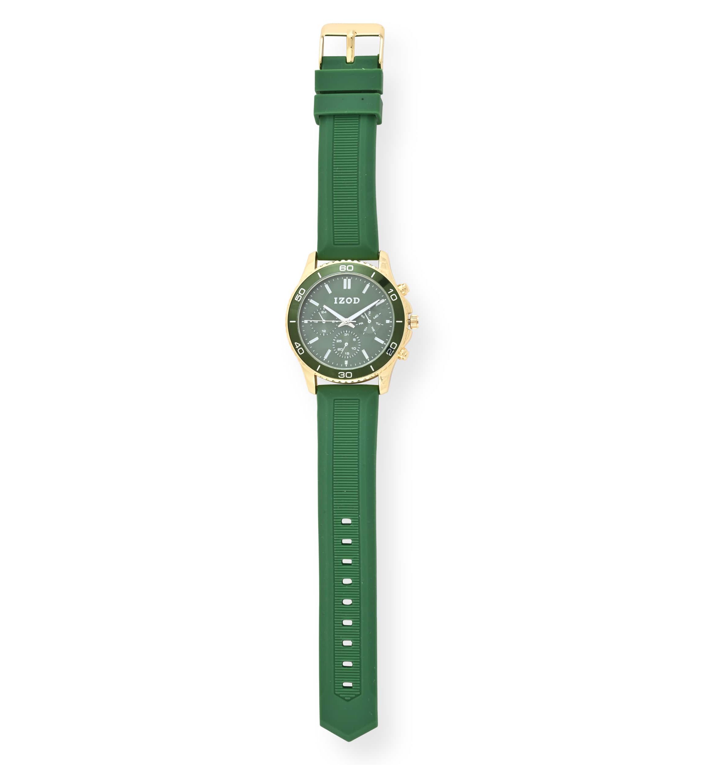 IZOD Adult Mens Analog Watch w Green Rubber Strap in Gold Model# IZO9432