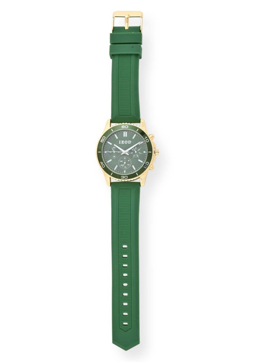 IZOD Adult Mens Analog Watch w Green Rubber Strap in Gold Model# IZO9432