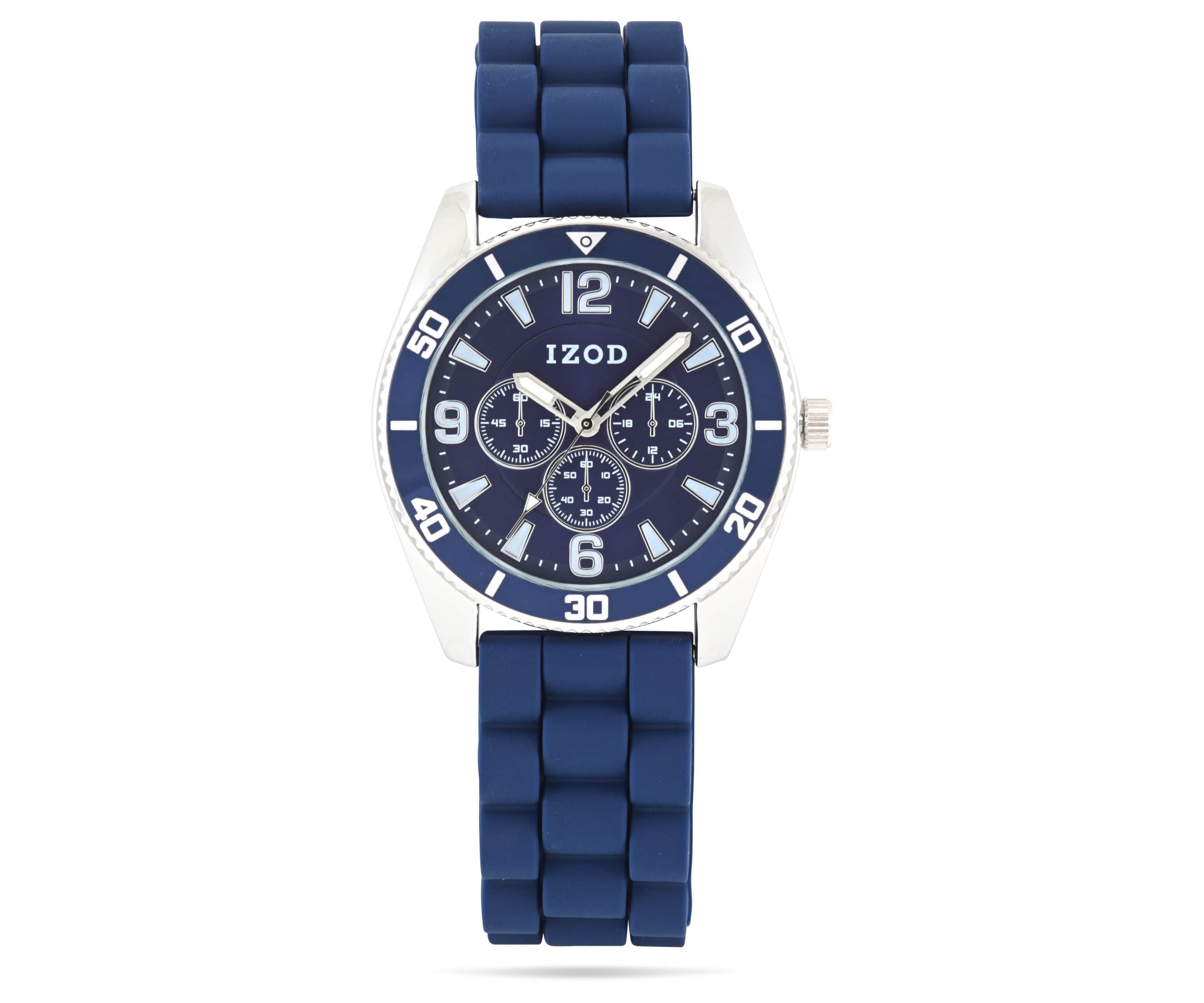 IZOD Adult Mens Analog Watch w Blue Rubber Strap in Silver Model# IZO9444