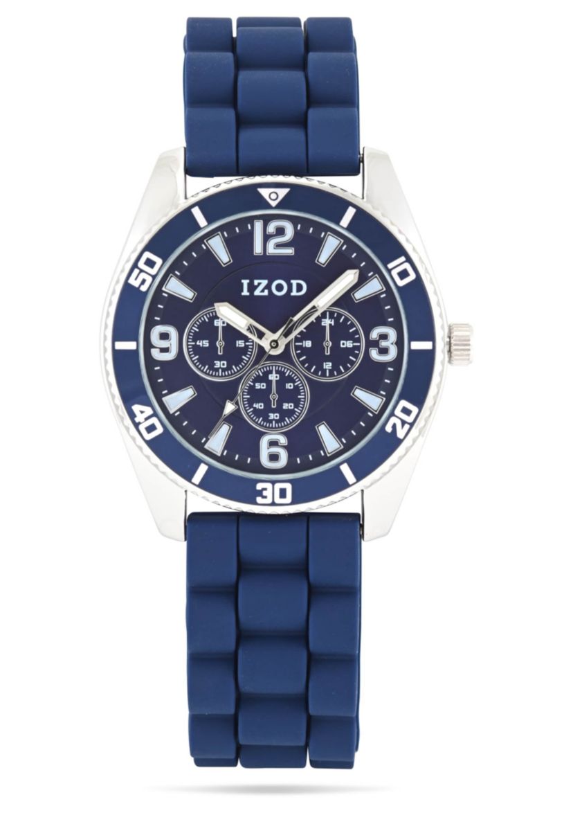 IZOD Adult Mens Analog Watch w Blue Rubber Strap in Silver Model# IZO9444