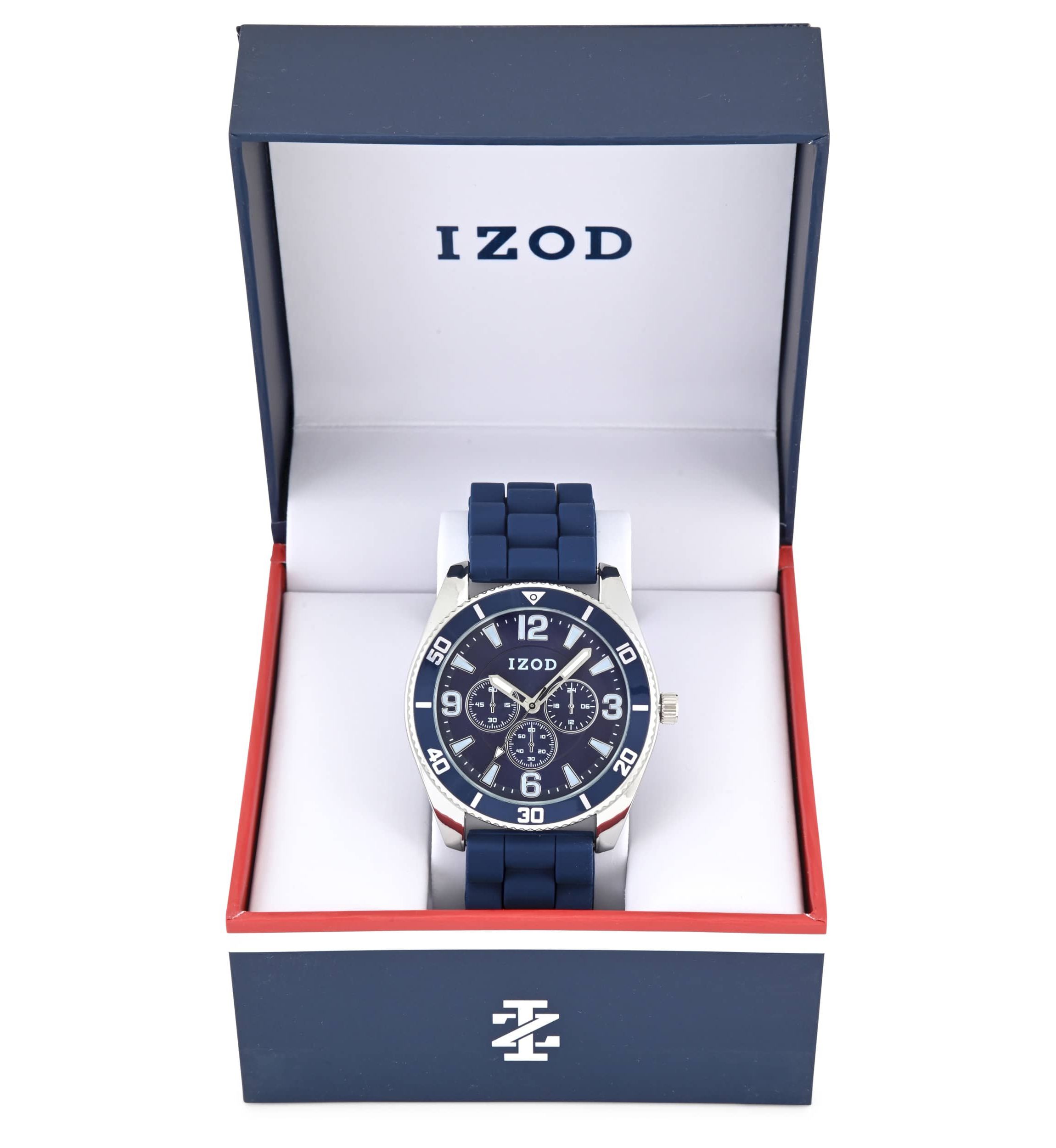 IZOD IZOD Adult Mens Analog Watch w Blue Rubber Strap in Silver